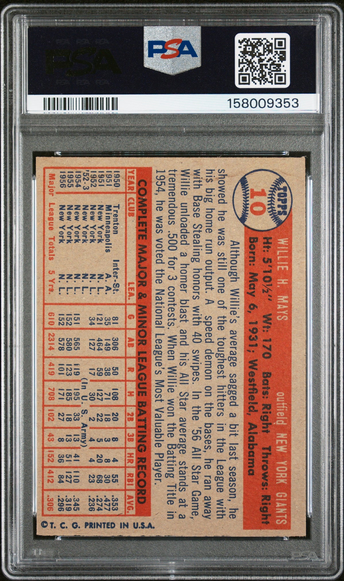 1957 Topps Willie Mays #10 PSA 5