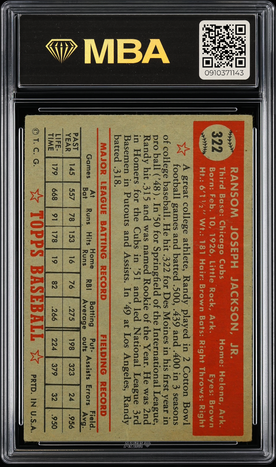 1952 Topps Randy Jackson #322 MBA 2