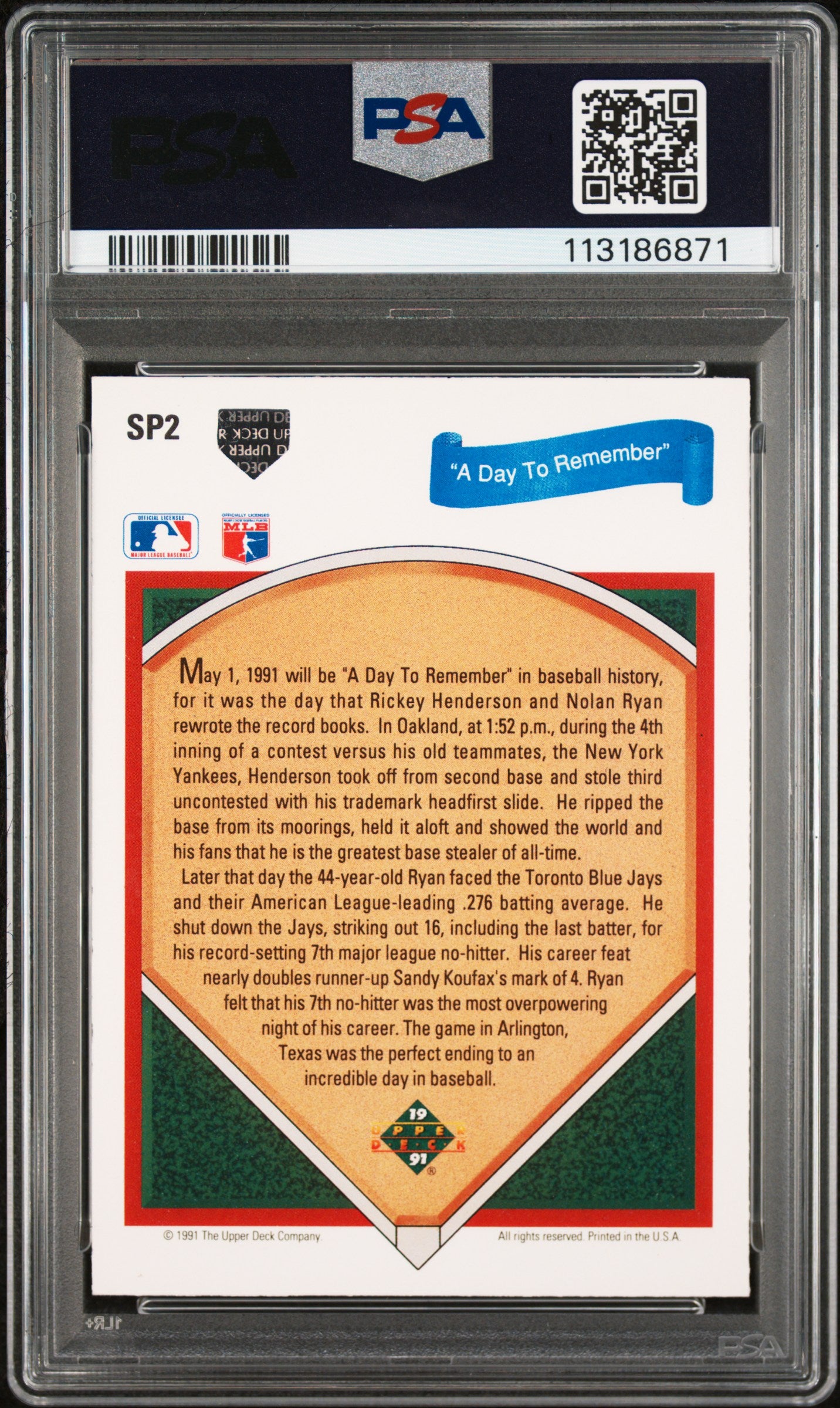 1991 Upper Deck R. Henderson N. Ryan #SP2 "a Day To Remember" PSA 10 Auto 10
