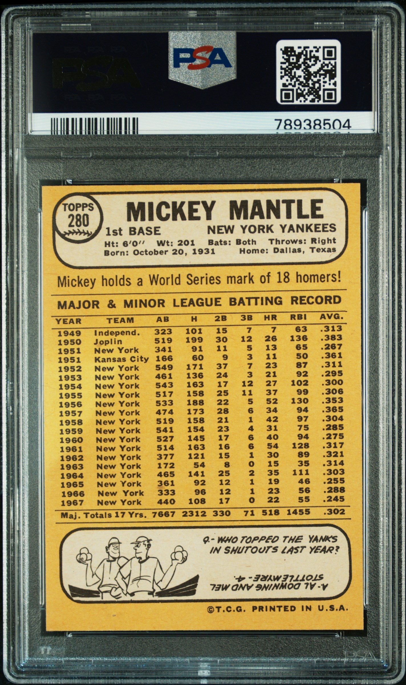 1968 Topps Mickey Mantle #280 PSA 9