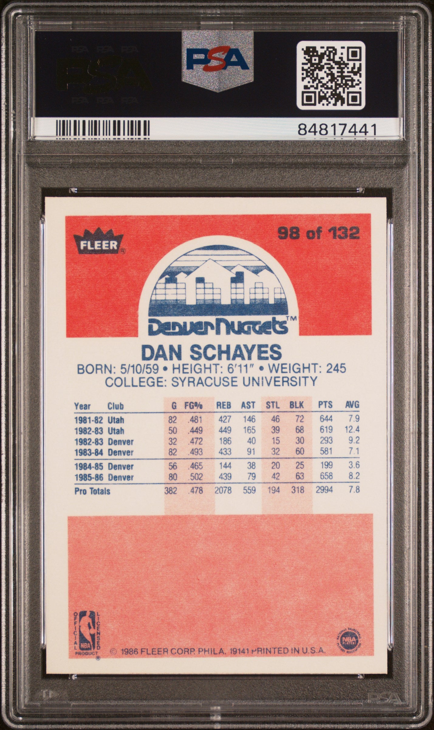 1986 Fleer Dan Schayes #98 PSA 9