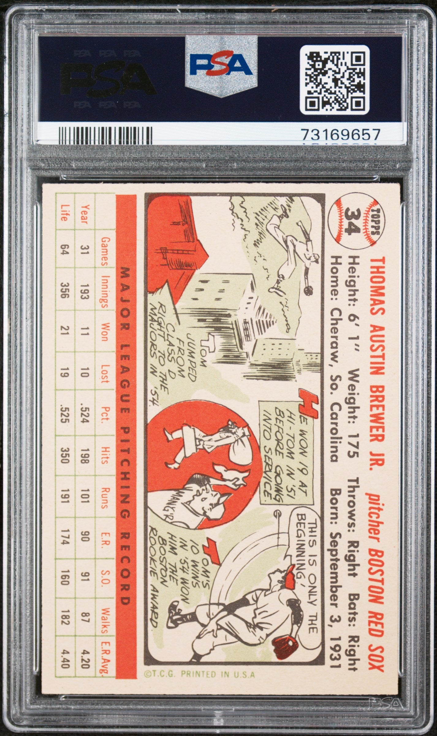 1956 Topps Tom Brewer #34 White Back PSA 7