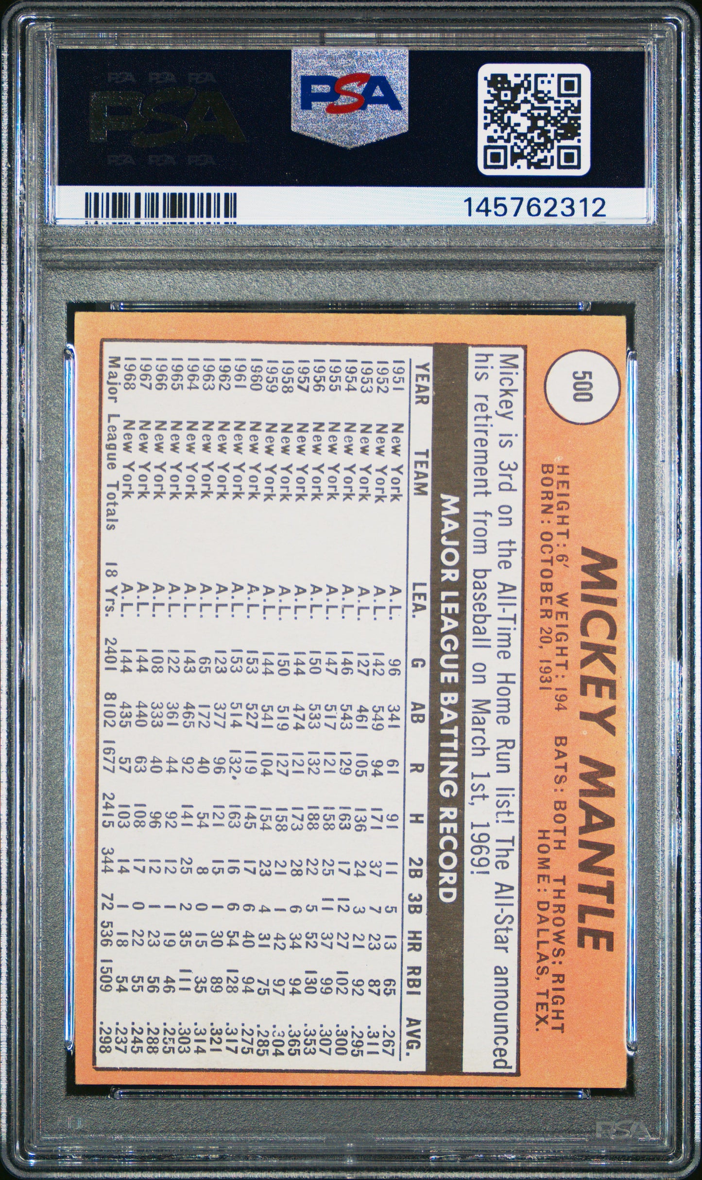 1969 Topps Mickey Mantle #500 Last Name In Yellow PSA 4