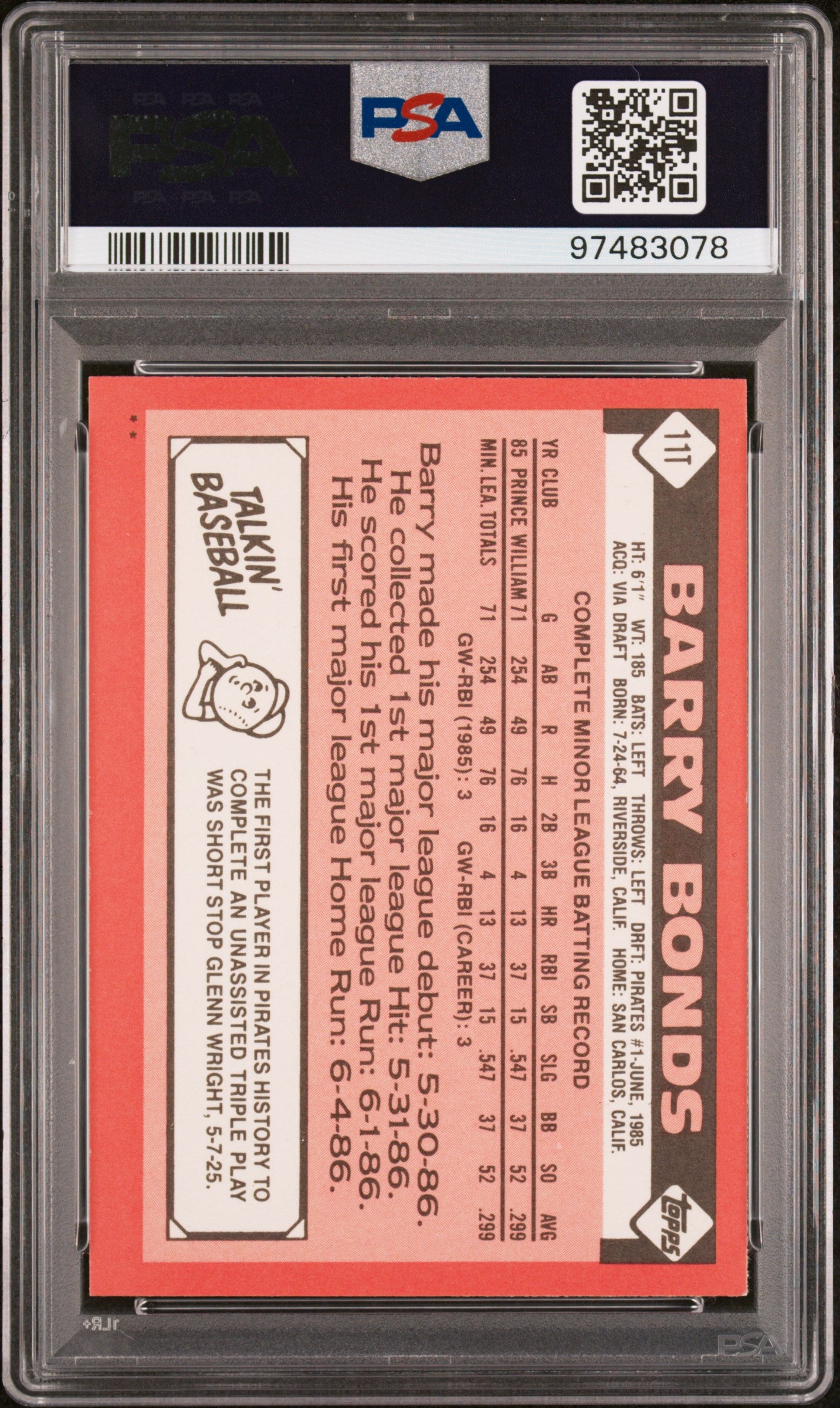 1986 Topps Traded Barry Bonds #11T PSA 9