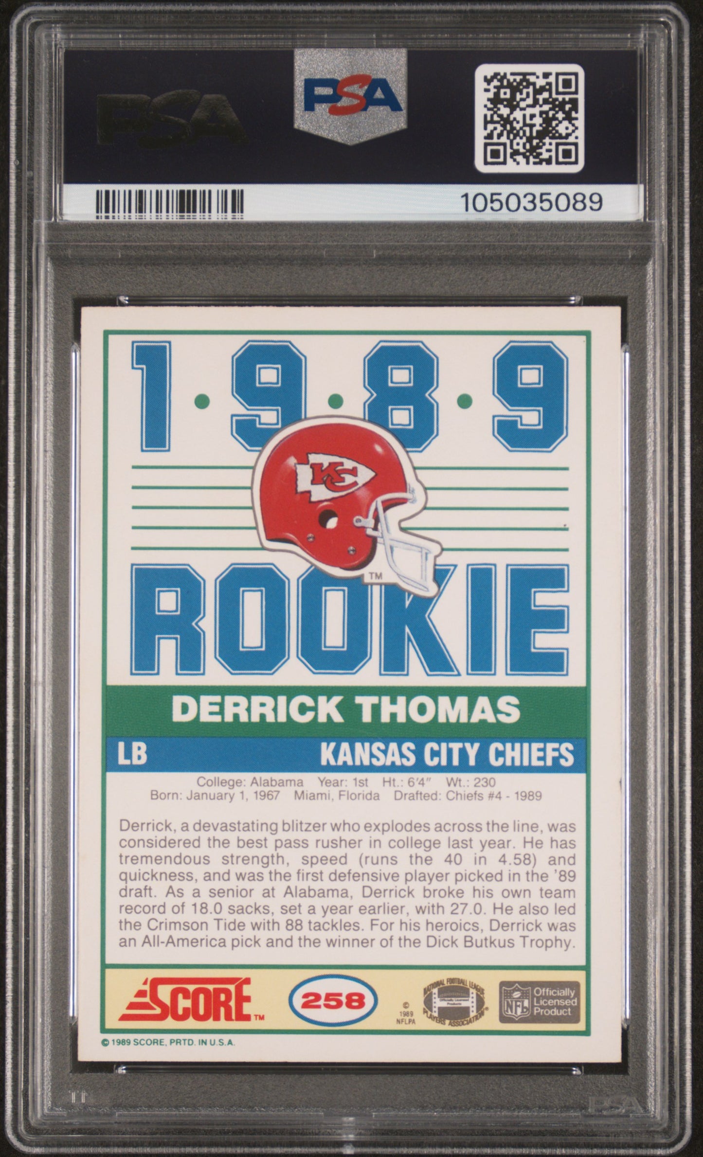 1989 Score Derrick Thomas #258 PSA A Auto 8