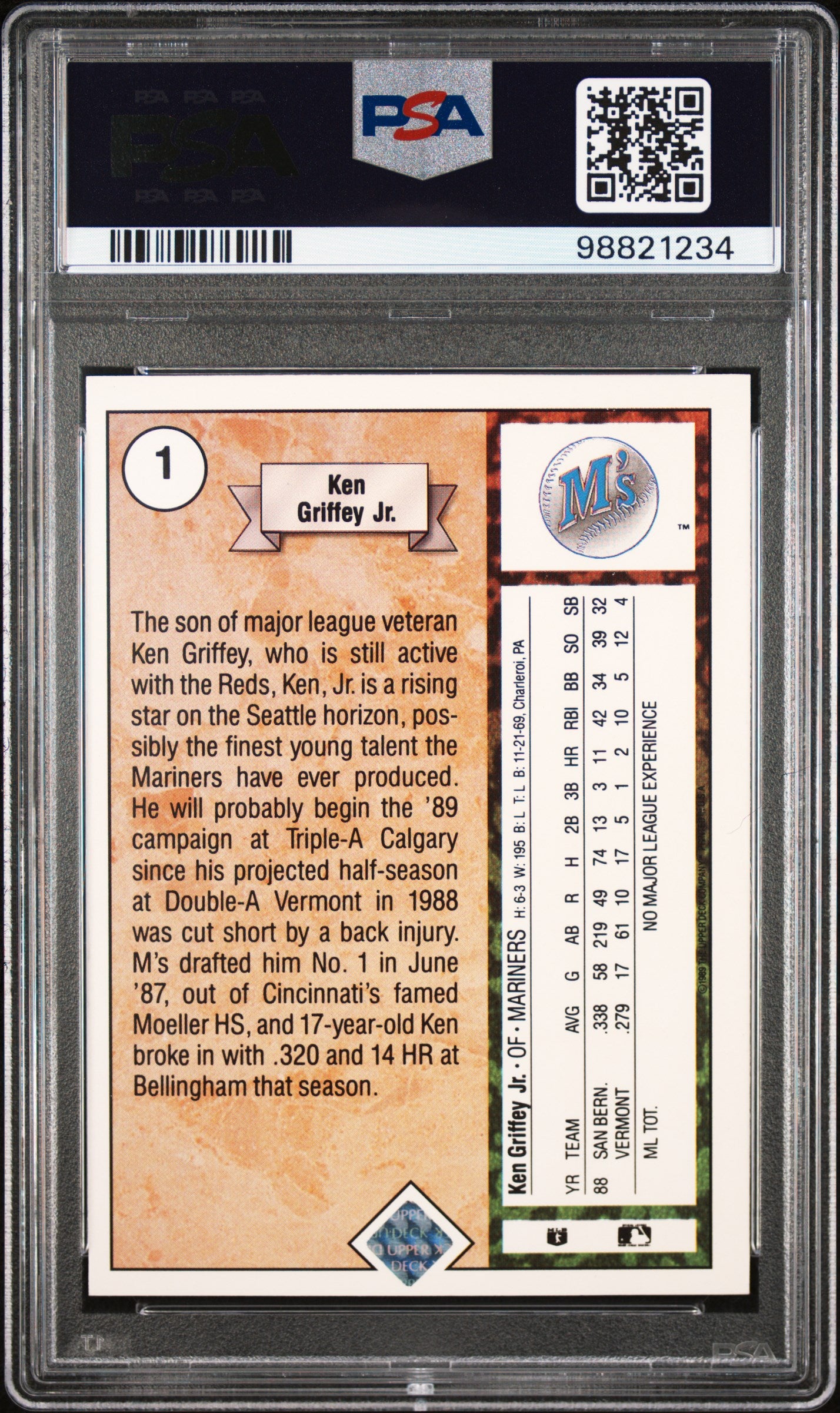 1989 Upper Deck Ken Griffey JR. #1 Star Rookie PSA 9 Auto 10