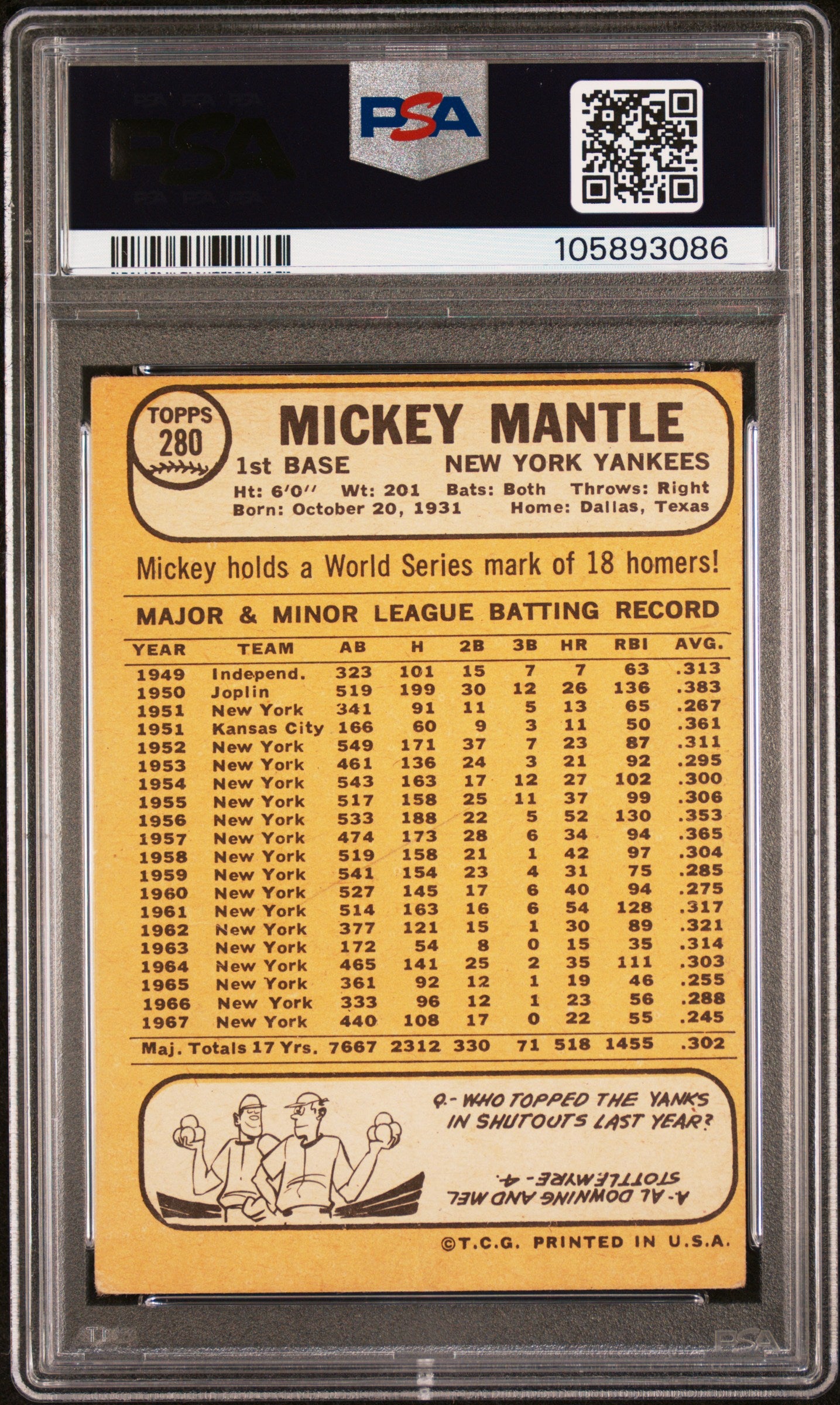 1968 Topps Mickey Mantle #280 PSA 2.5