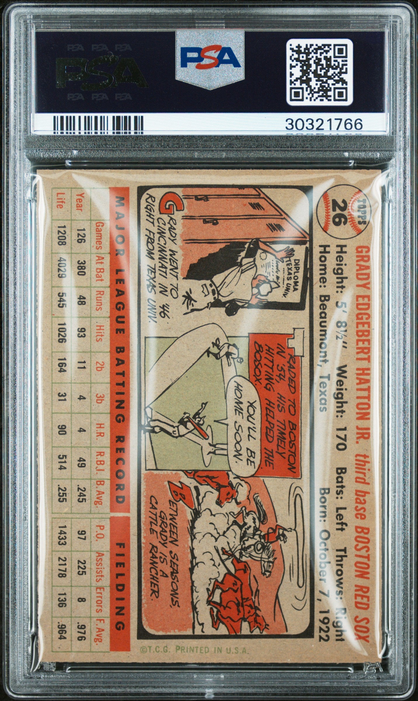 1956 Topps Grady Hatton #26 Gray Back PSA 7
