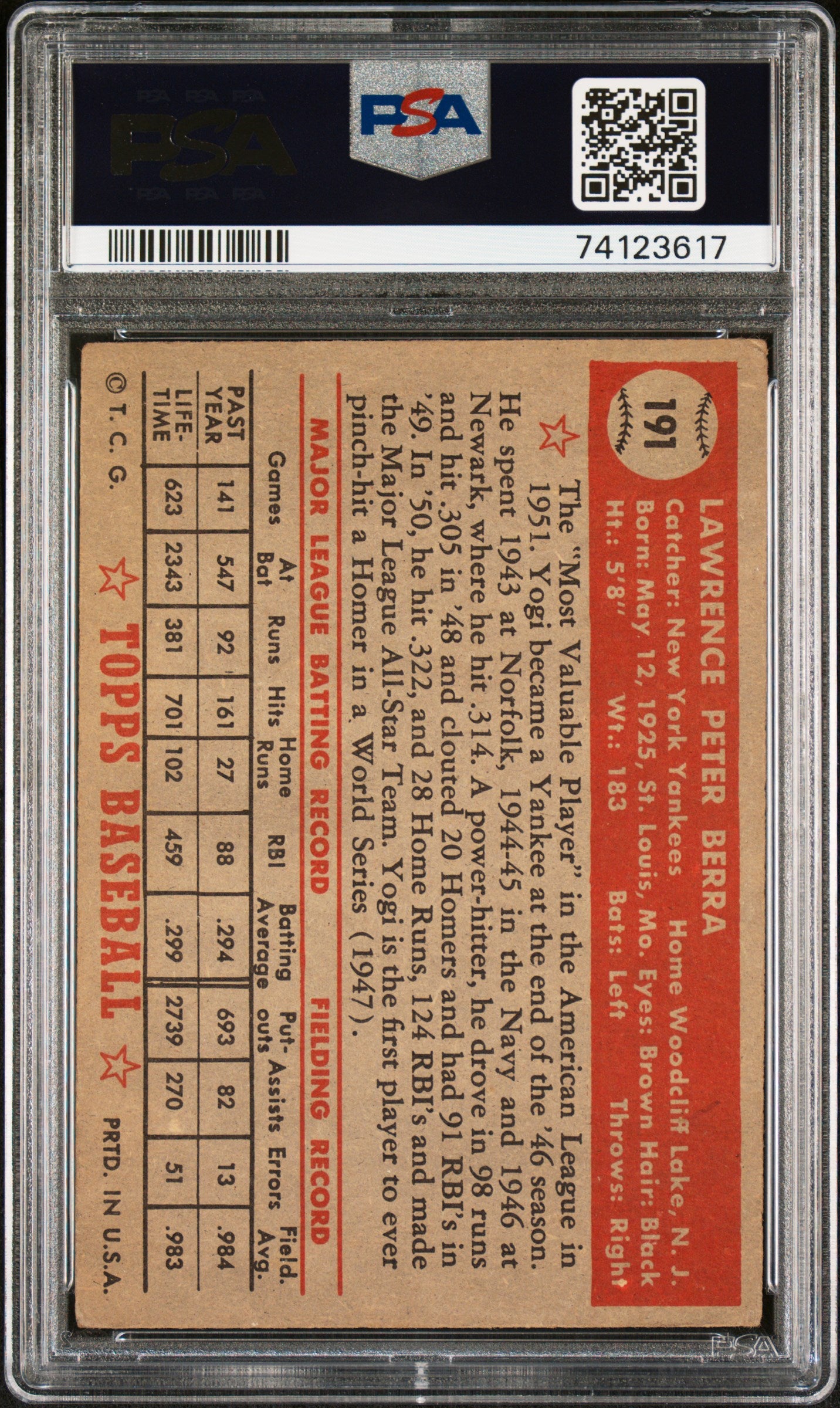 1952 Topps Yogi Berra #191 PSA 3