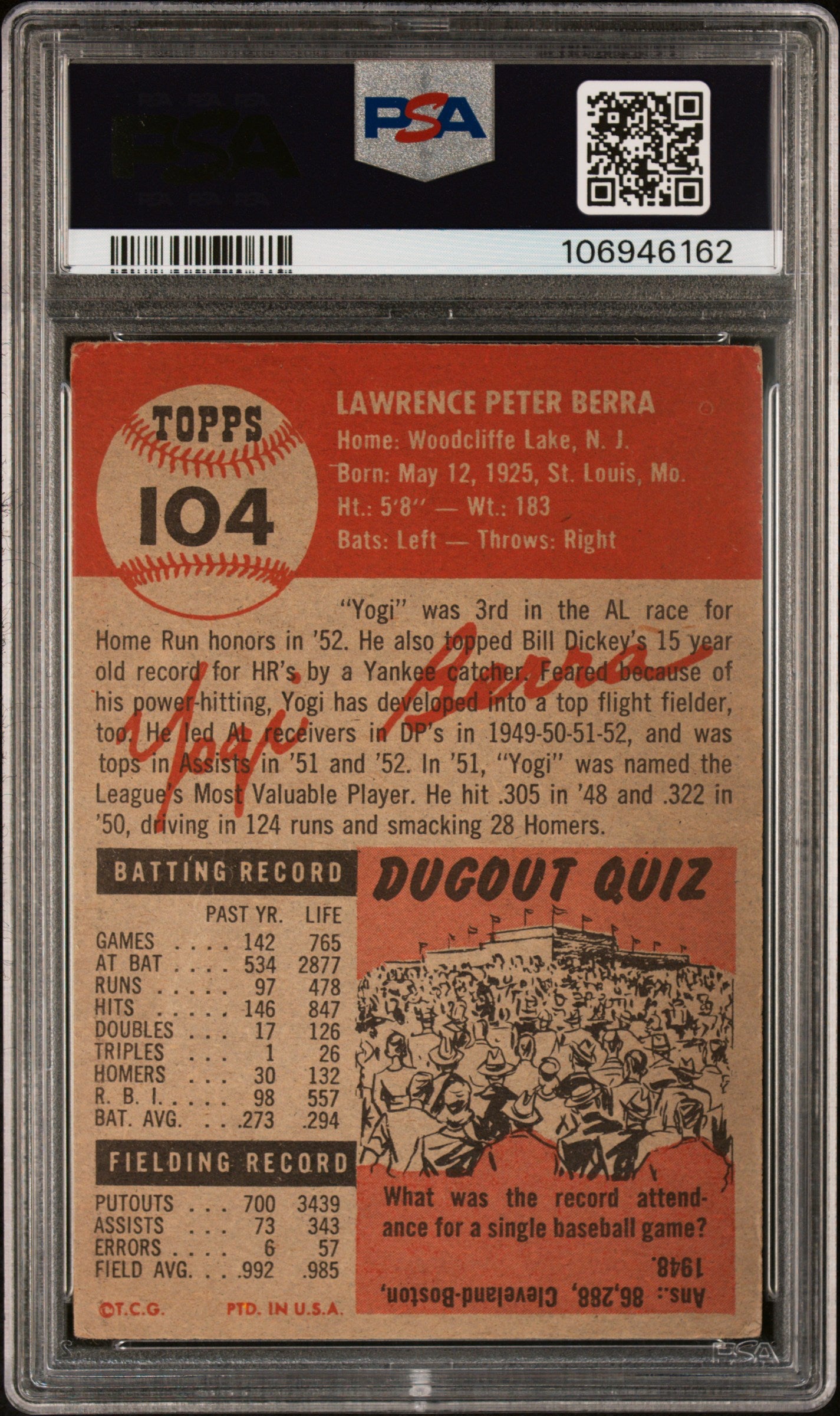 1953 Topps Yogi Berra #104 PSA 2