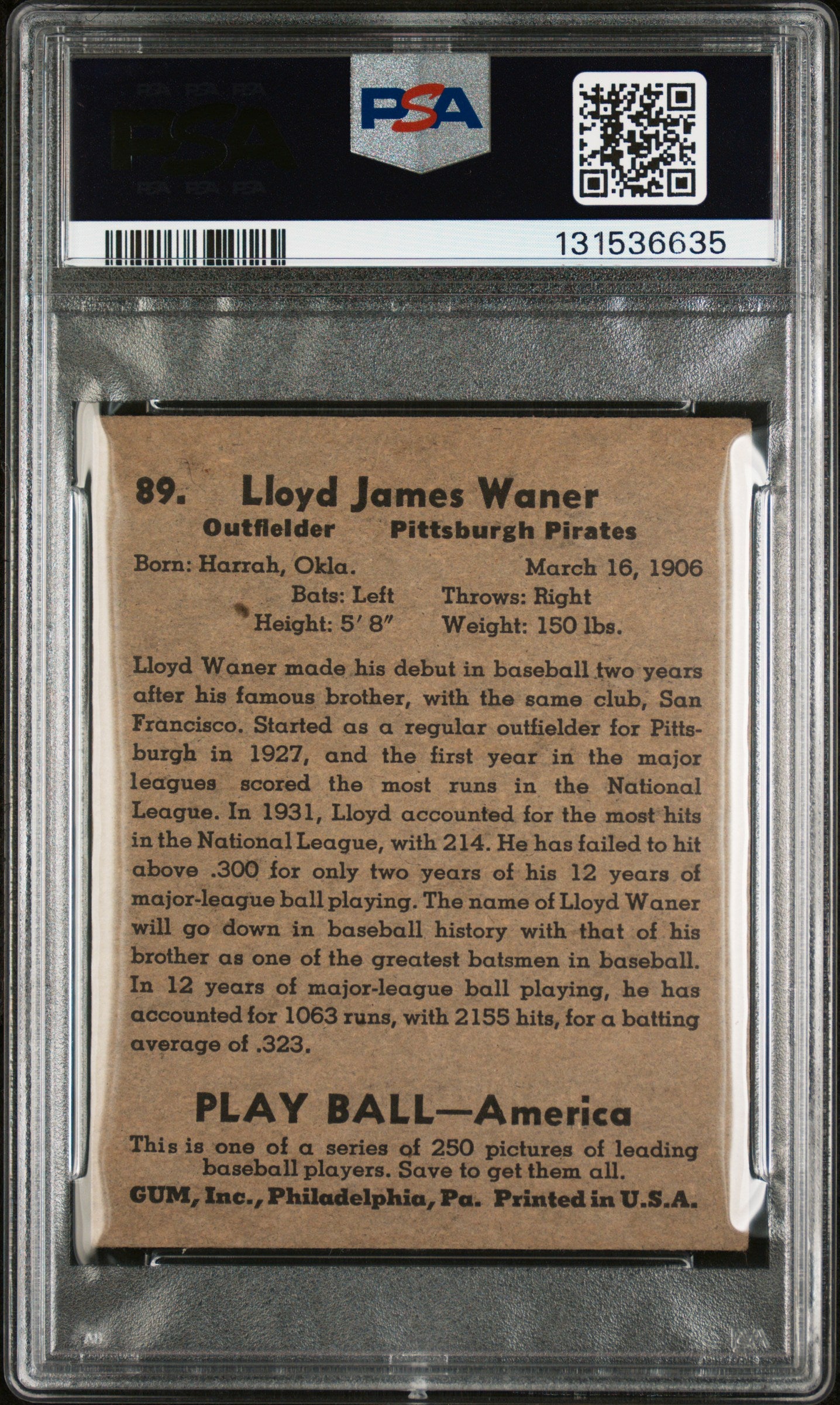 1939 Play Ball Lloyd Waner #89 PSA 4