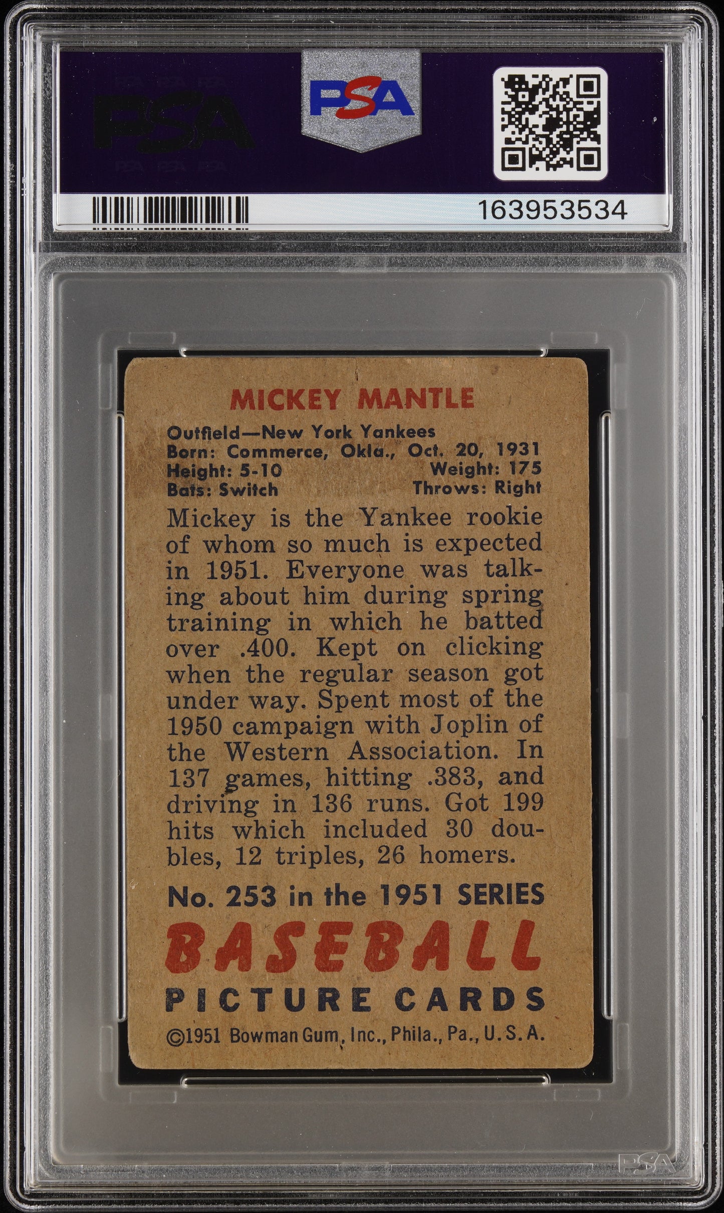 1951 Bowman Mickey Mantle #253 PSA 1