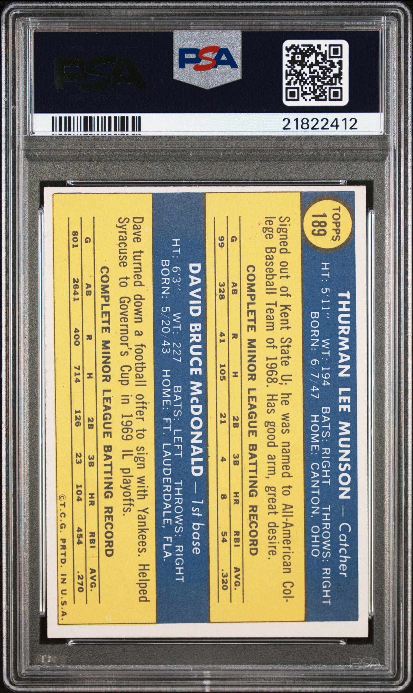 1970 Topps Yankees Rookies #189 T. Munson D. Mcdonald PSA 9