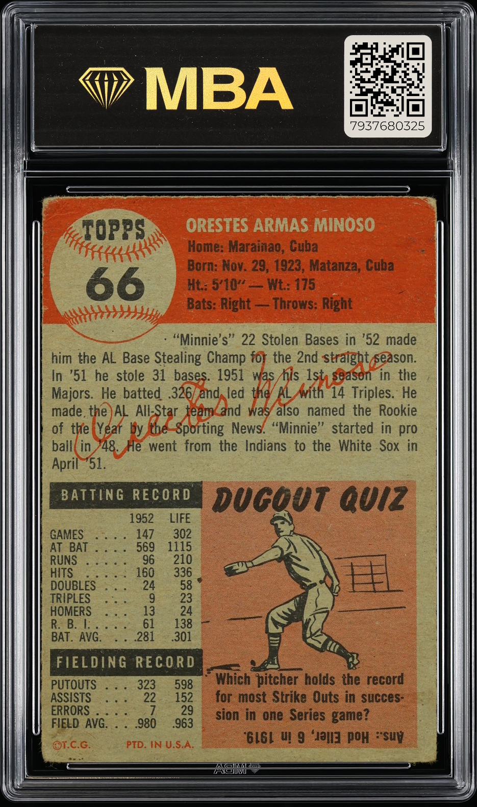 1953 Topps Orestes Minoso #66 MBA 2