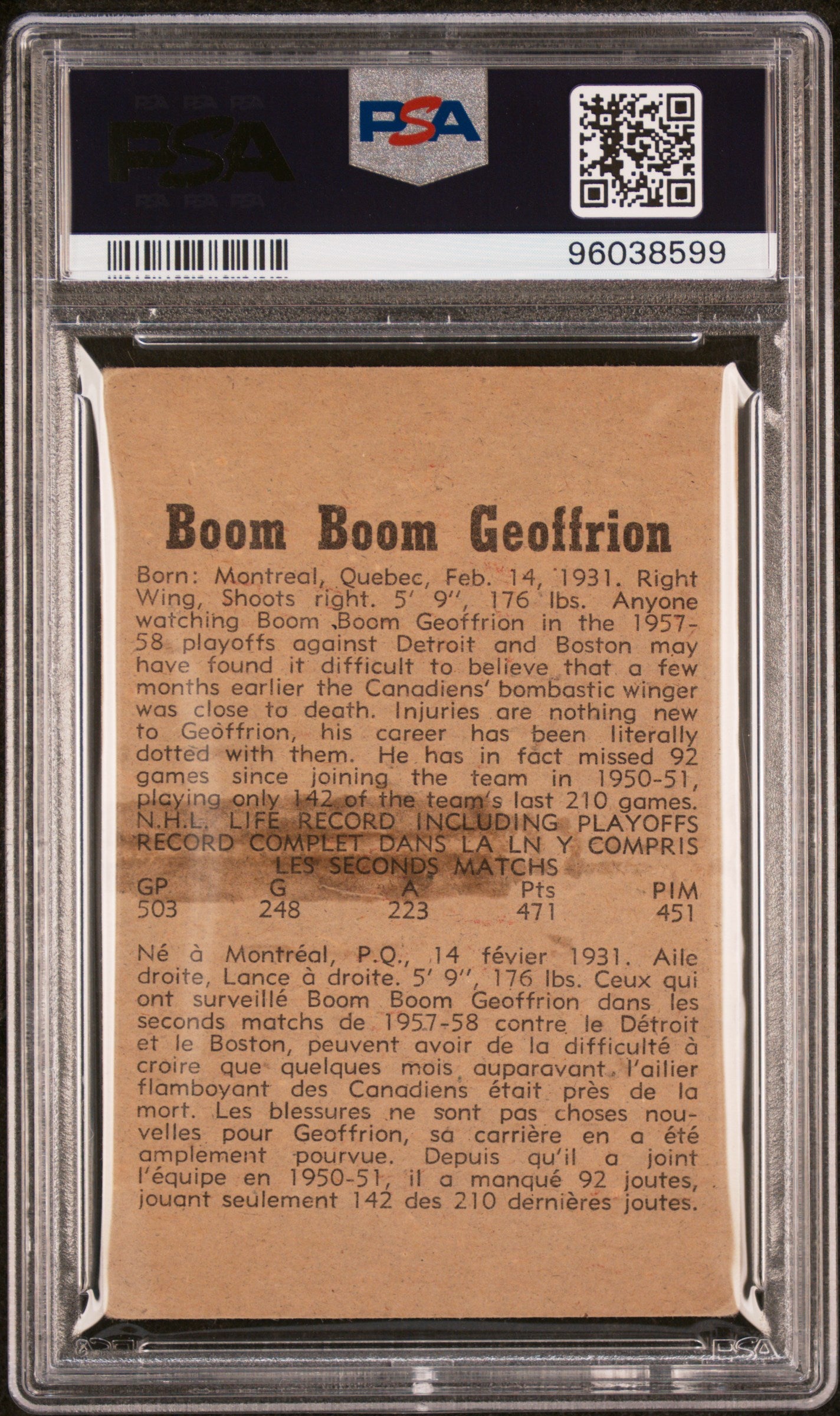1958 Parkhurst Boom Boom Geoffrion #28 PSA 3