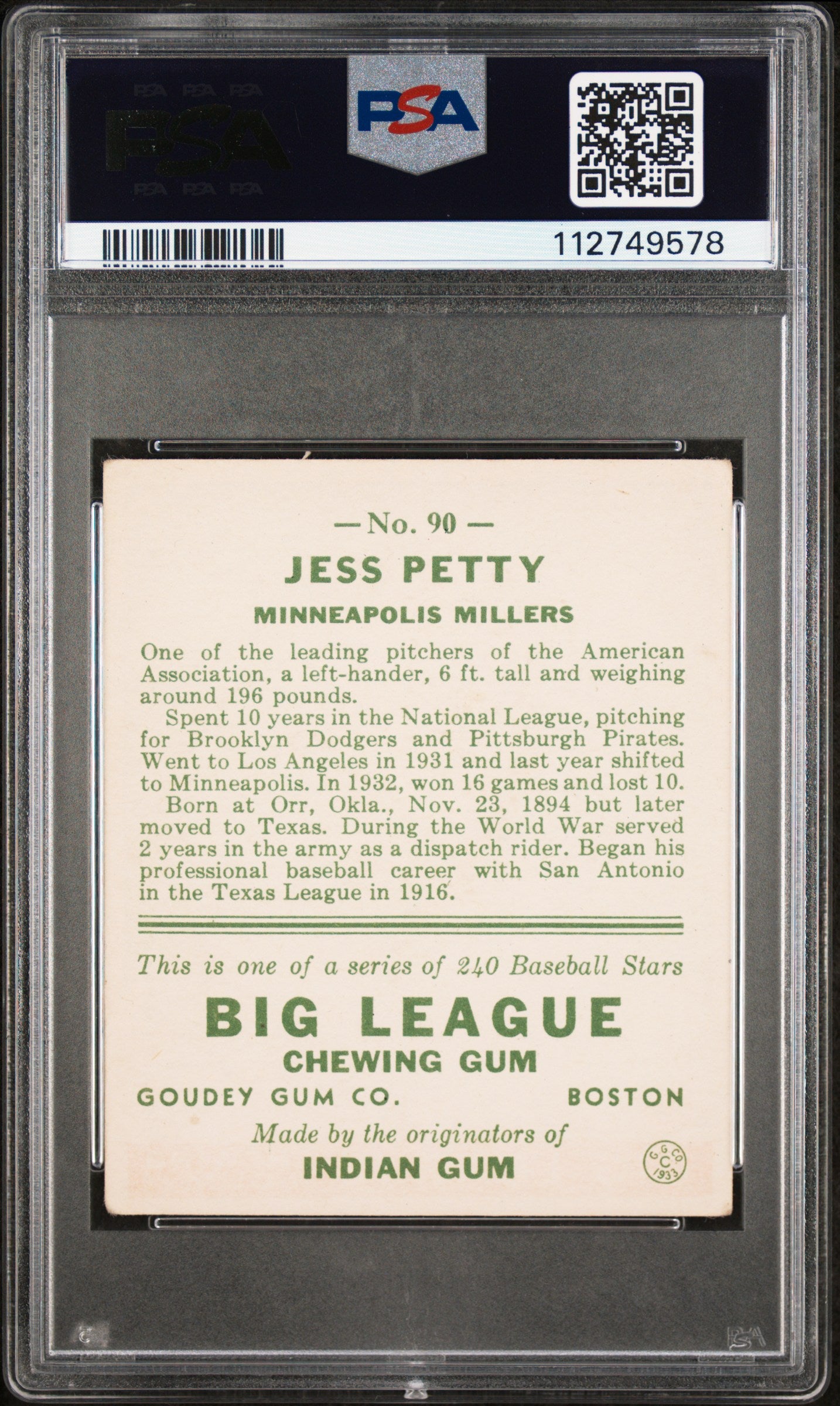 1933 Goudey Jess Petty #90 PSA 2.5