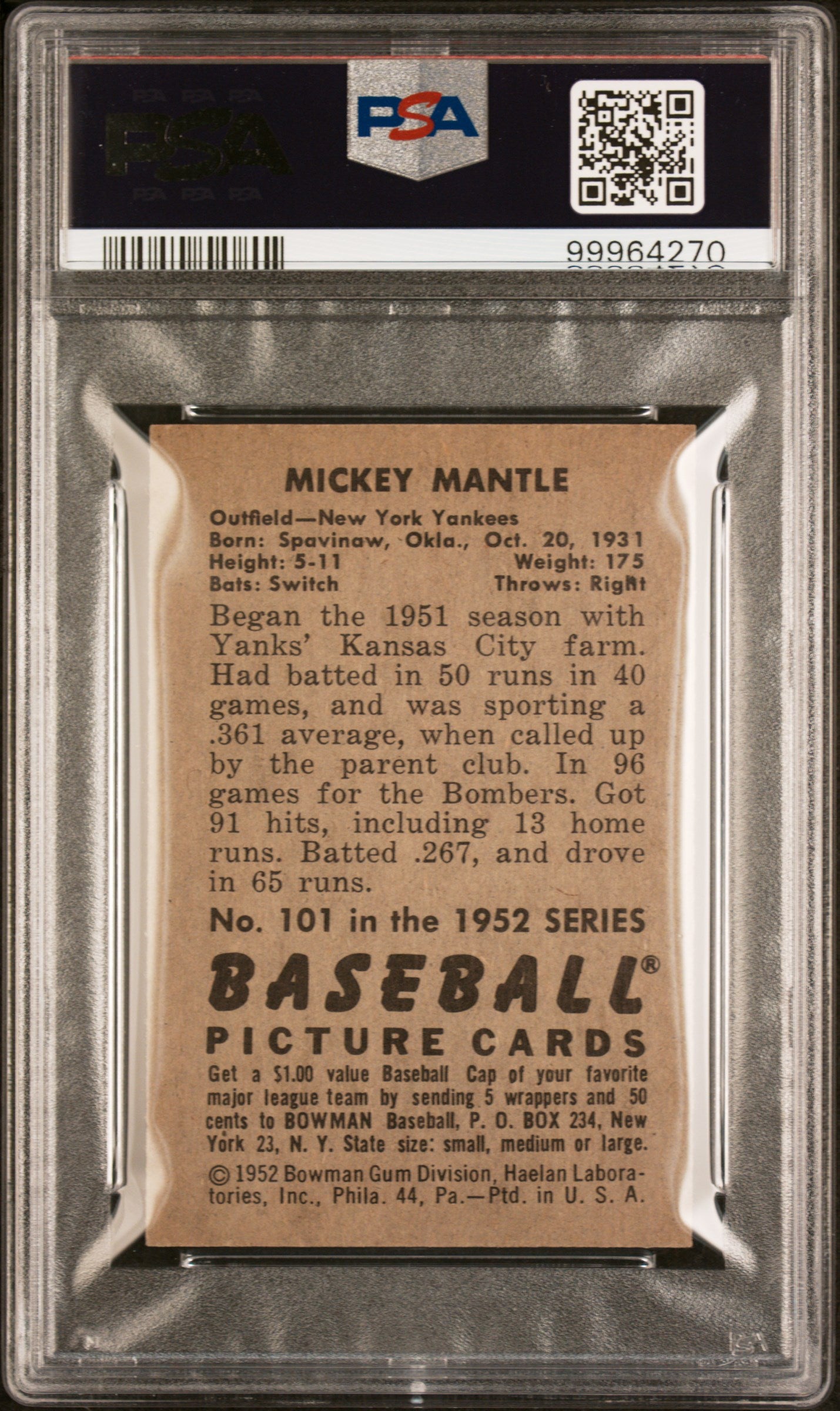 1952 Bowman Mickey Mantle #101 PSA 6