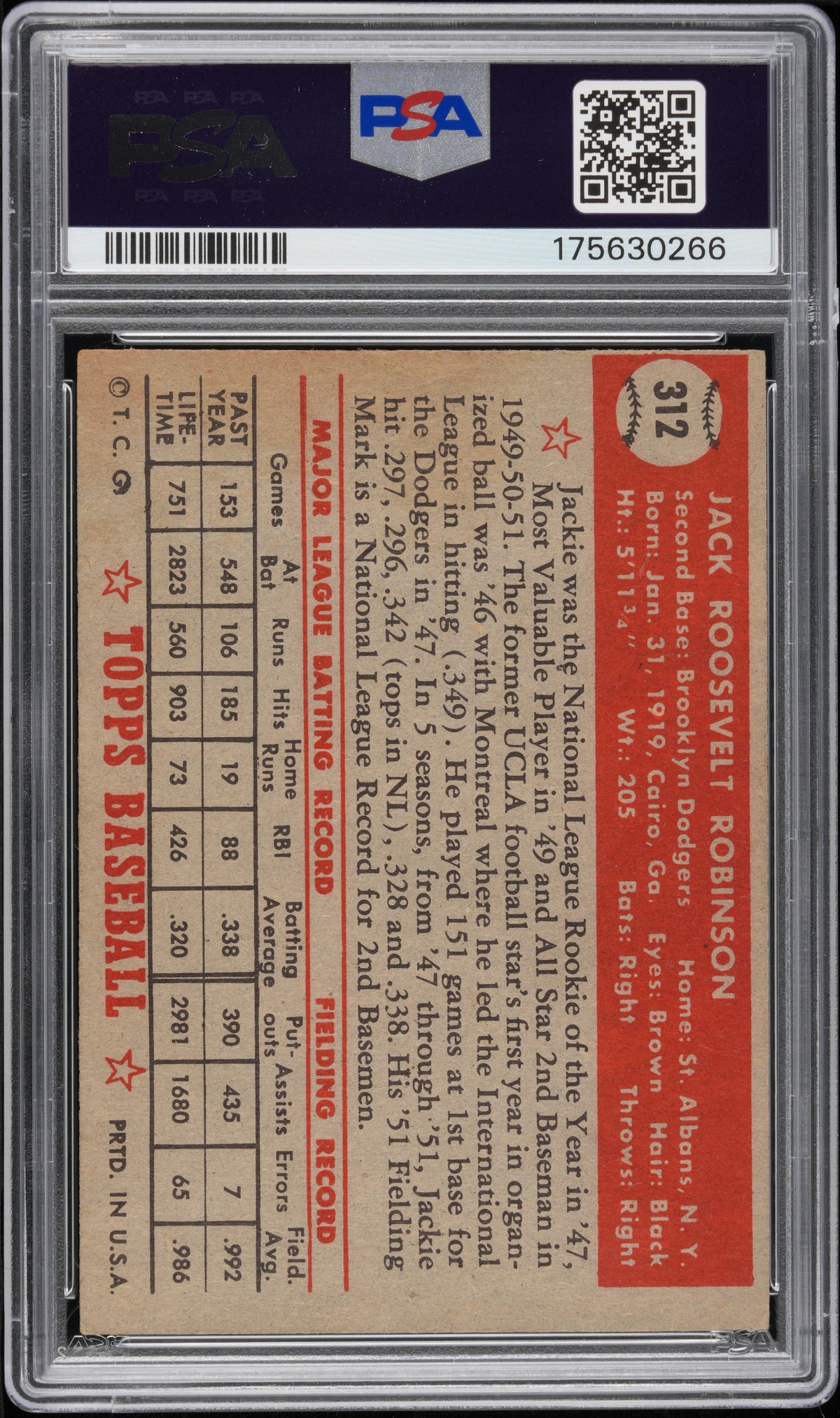 1952 Topps Jackie Robinson #312 PSA 4