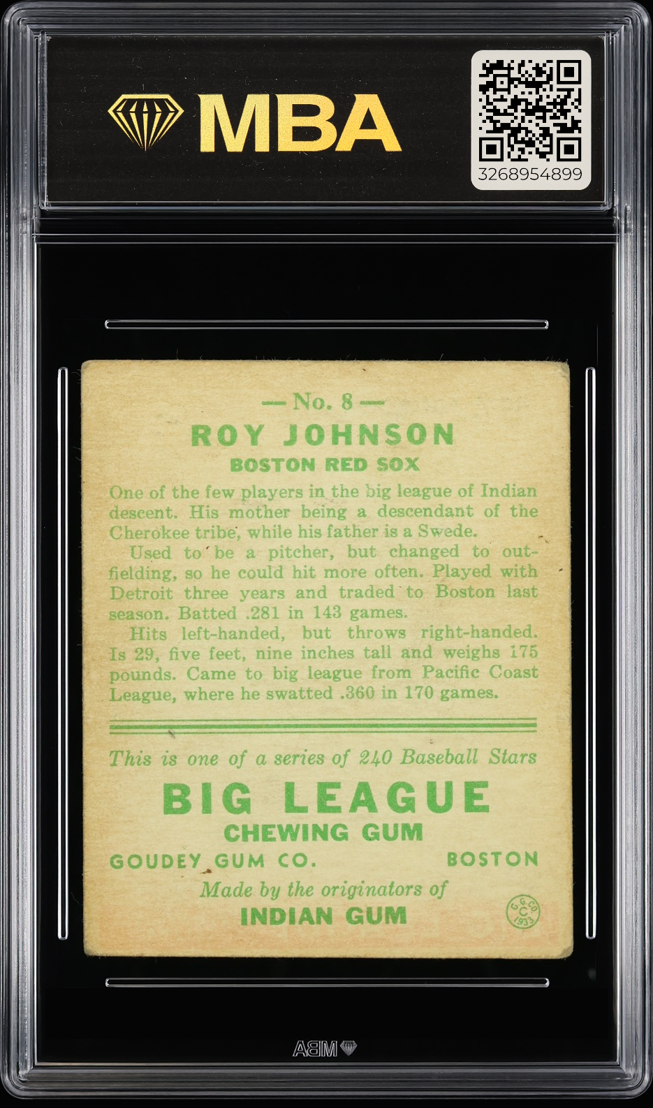 1933 Goudey Roy Johnson #8 MBA 2.5