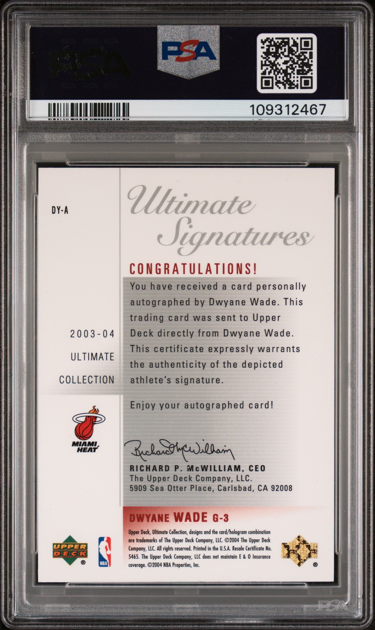 2003 Ultimate Collection Ultimate Signatures Dwyane Wade #DY-A PSA 10 Auto 9