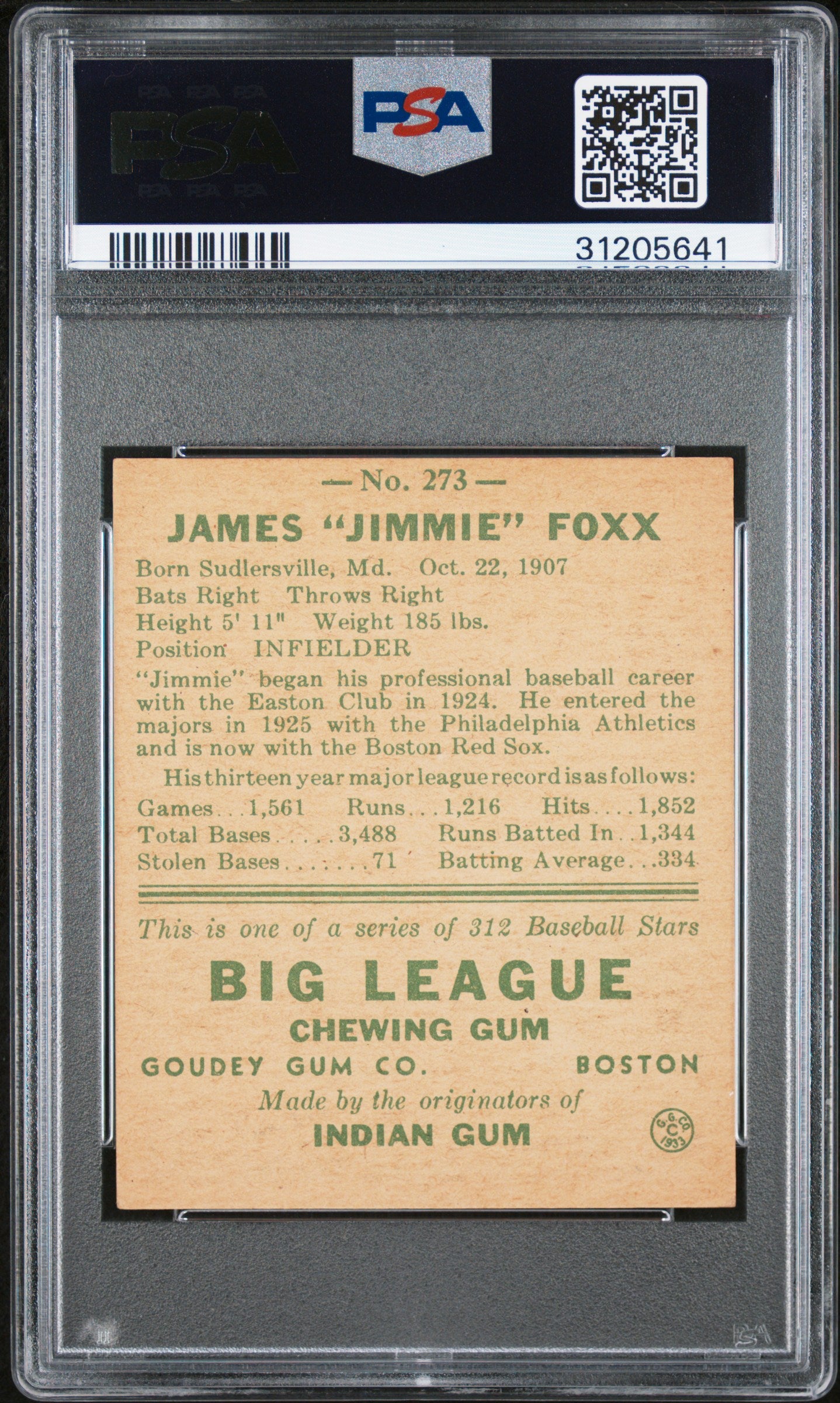1938 Goudey Jimmy Foxx #273 PSA 4