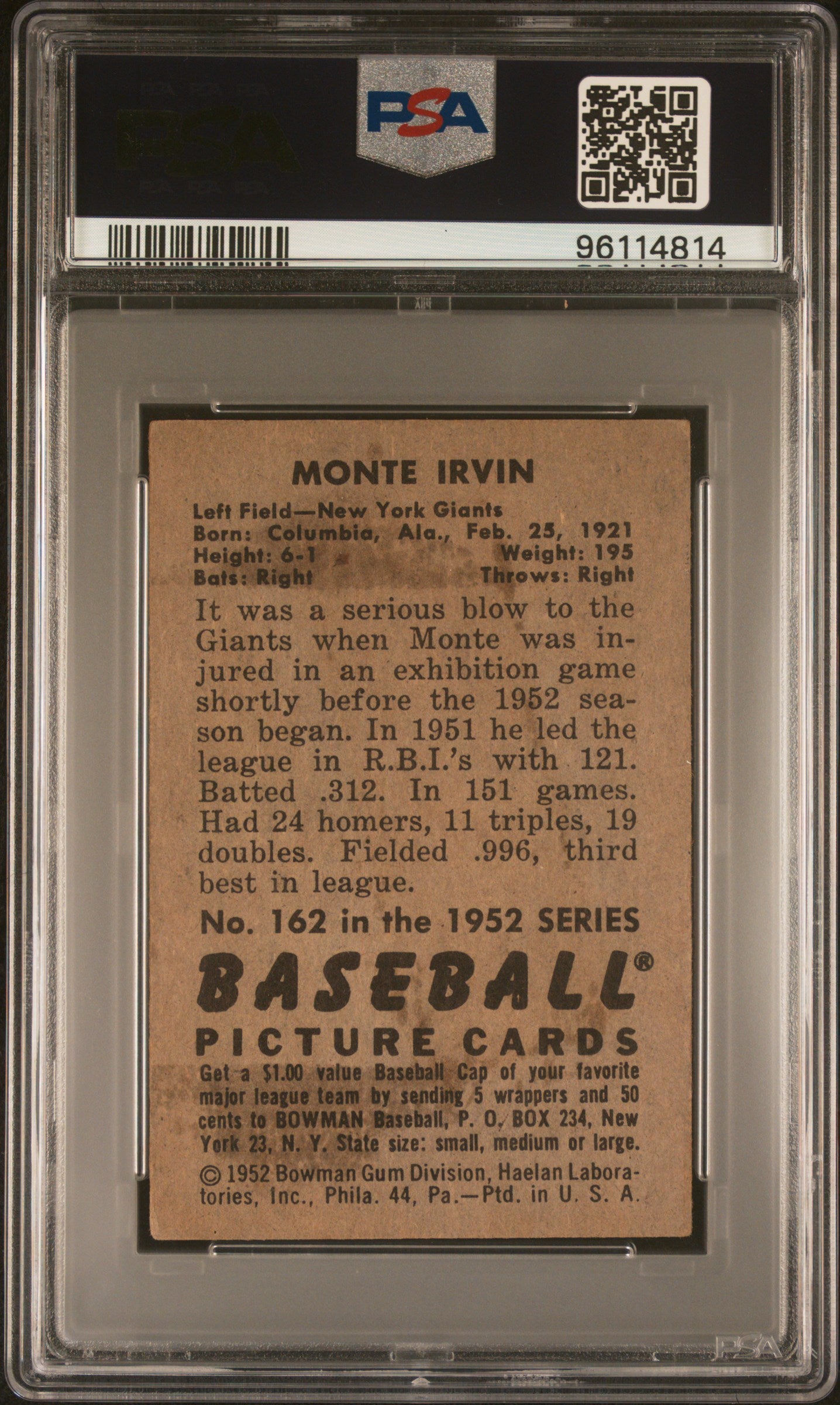 1952 Bowman Monte Irvin #162 PSA 3 Auto 10