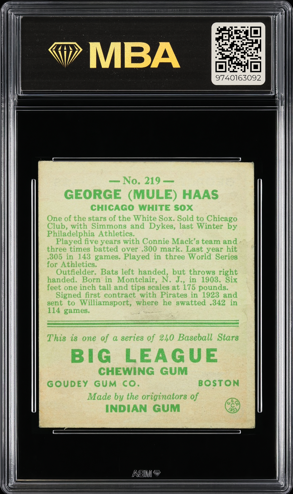 1933 Goudey George (Mule) Haas #219 MBA 2