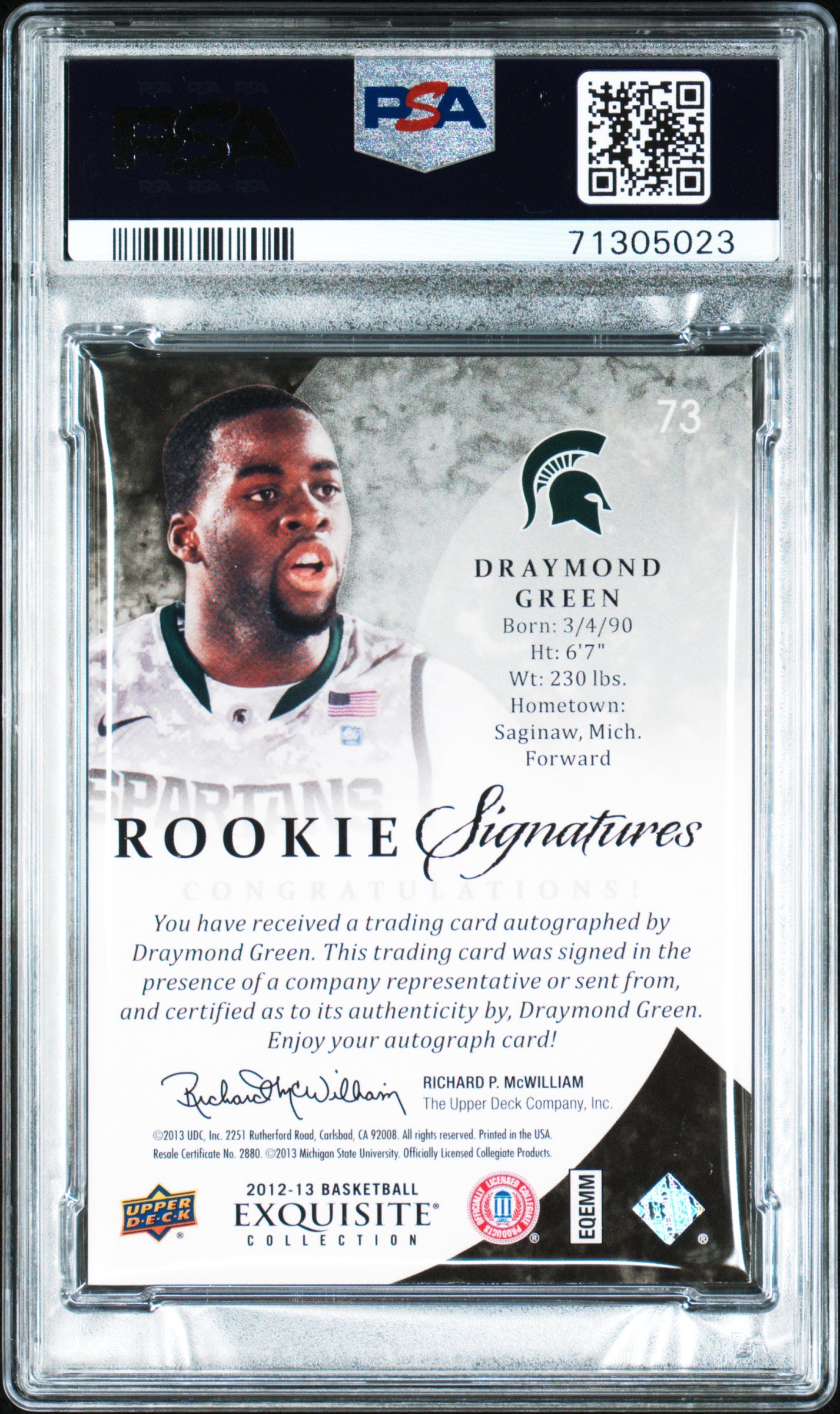 2012 Upper Deck Exquisite Collection Draymond Green #73 Autograph Silver Spectrum 41/50 PSA 8