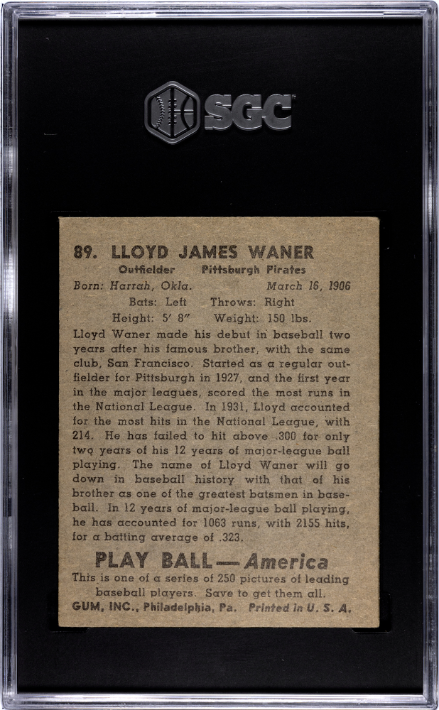 1939 Playball Lloyd Waner #89 SGC 5
