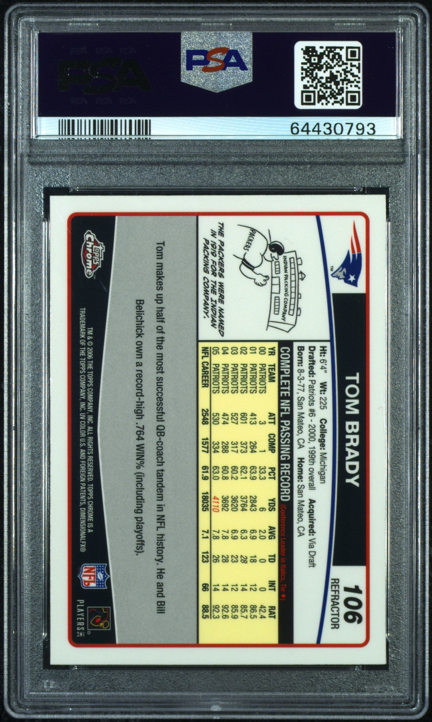 2006 Topps Chrome Tom Brady #106 Refractor PSA 9