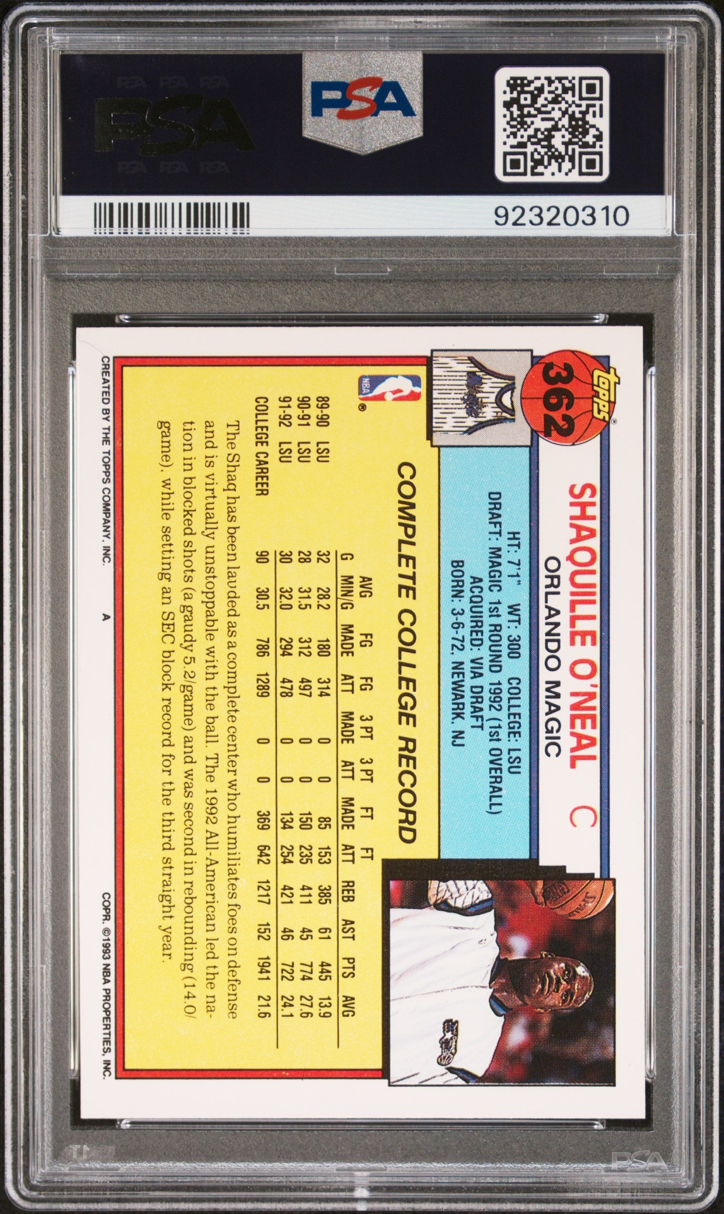 1992 Topps Shaquille O'Neal #362 PSA 9 Auto 10