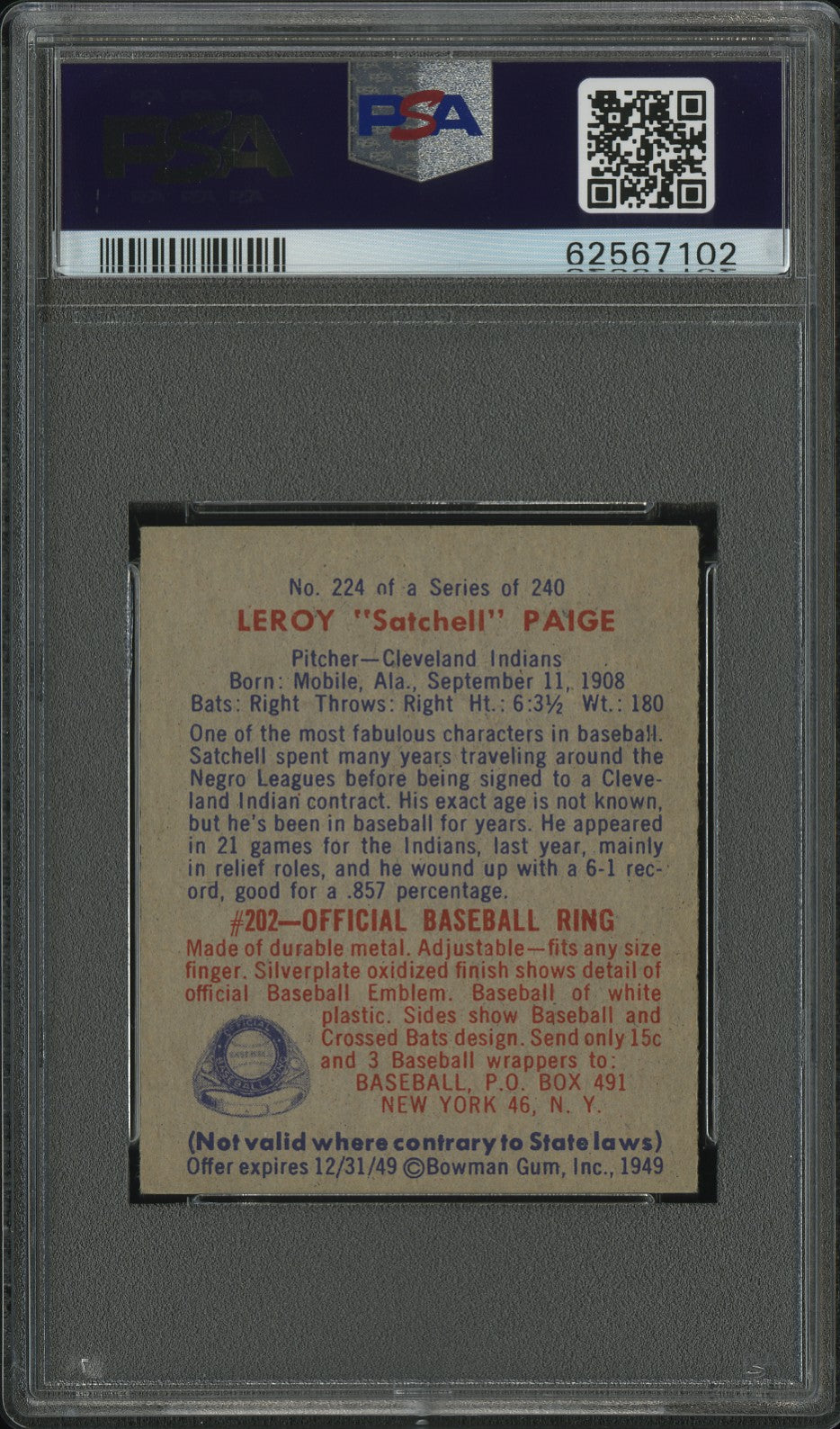 1949 Bowman Satchell Paige #224 PSA 4
