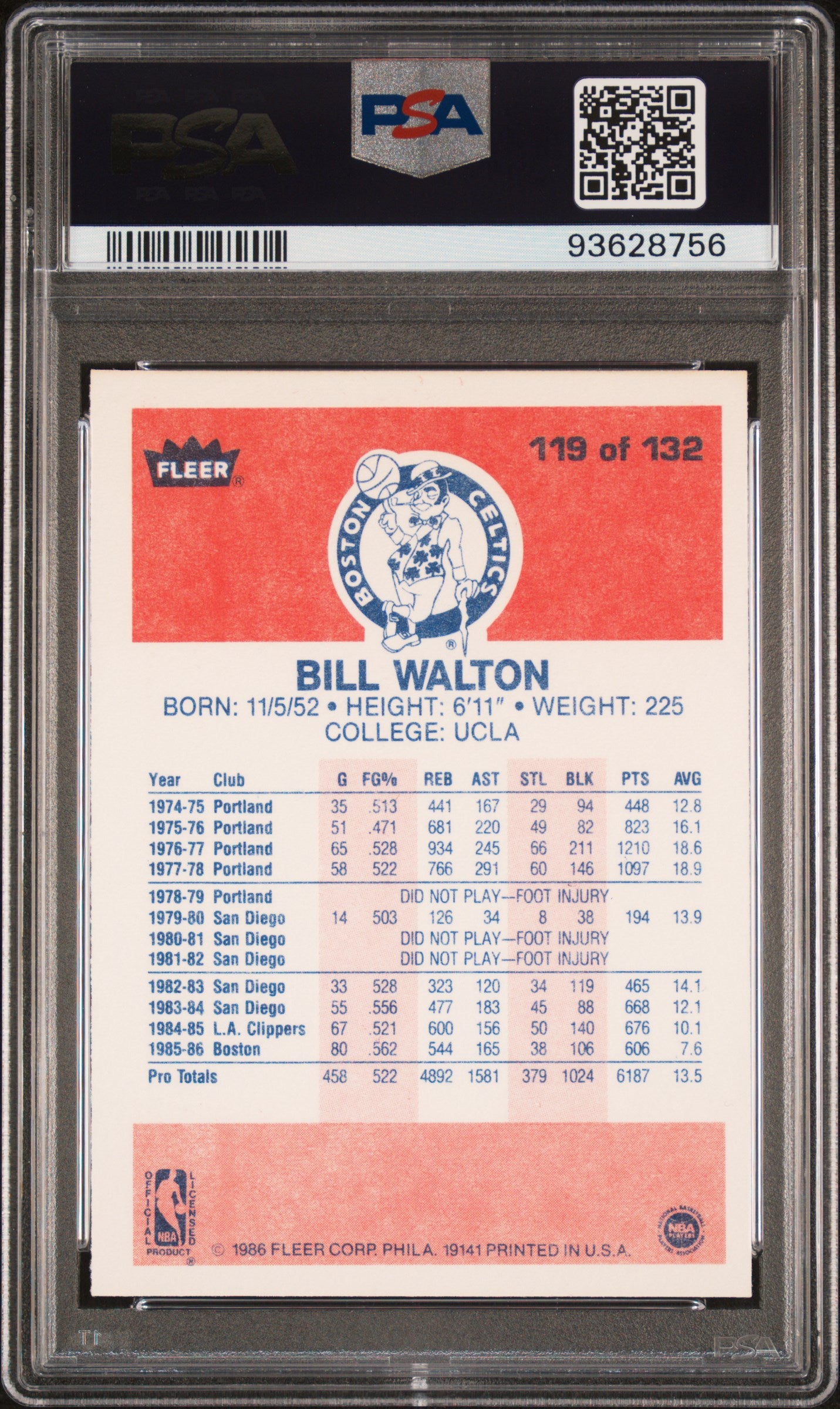 1986 Fleer Bill Walton #119 PSA 9