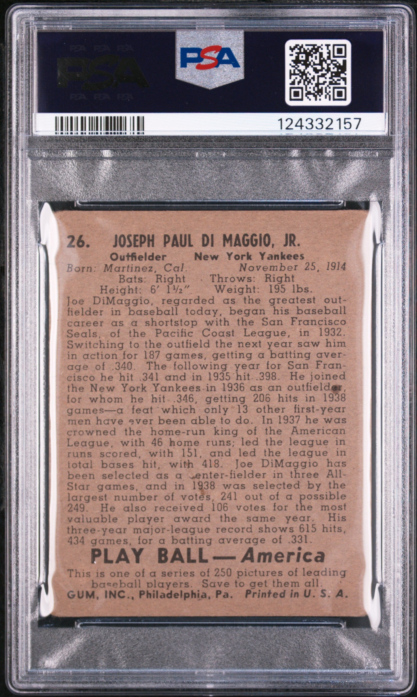 1939 Play Ball Joe Dimaggio #26 MK PSA 1.5 Auto 10