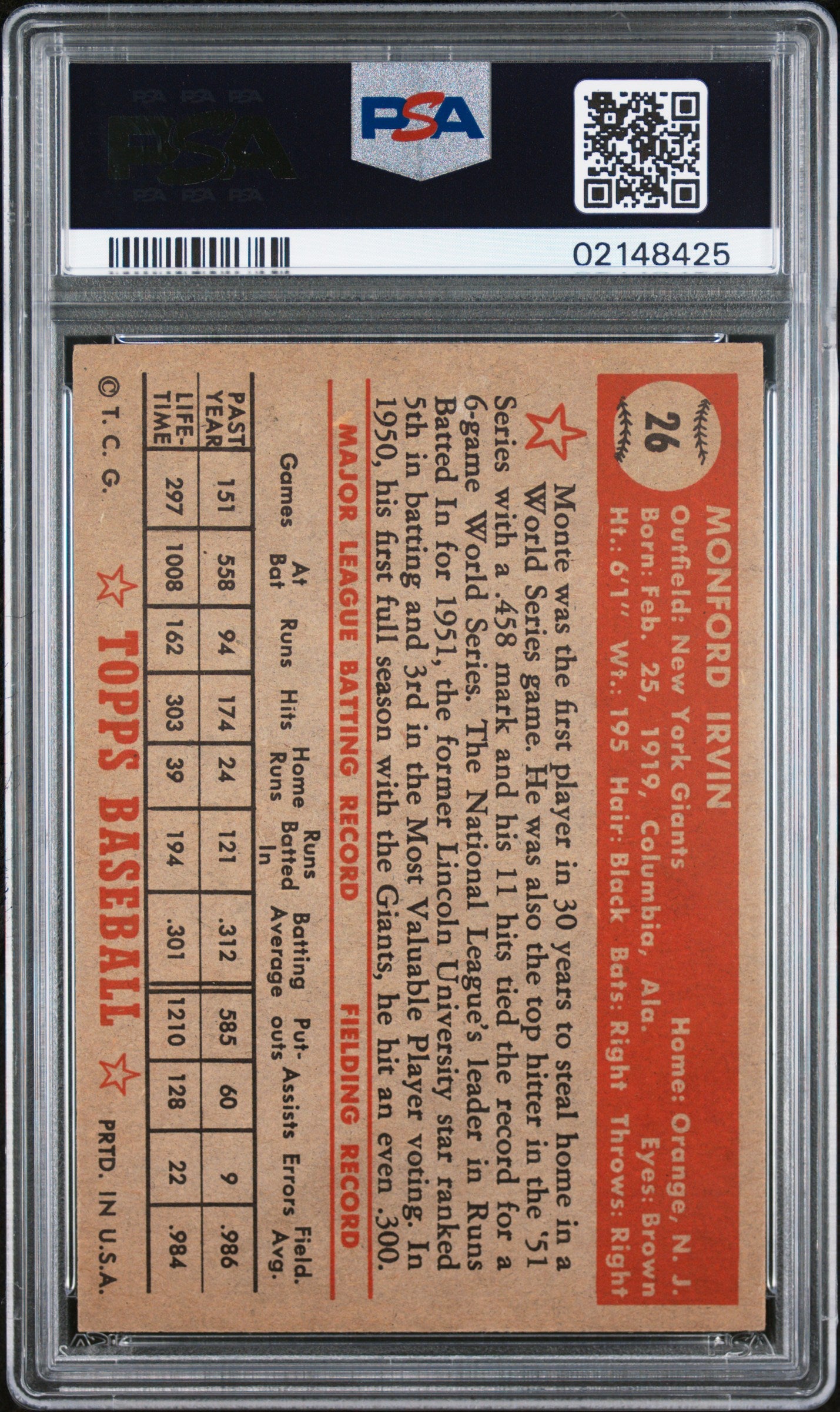 1952 Topps Monty Irvin #26 PSA 7
