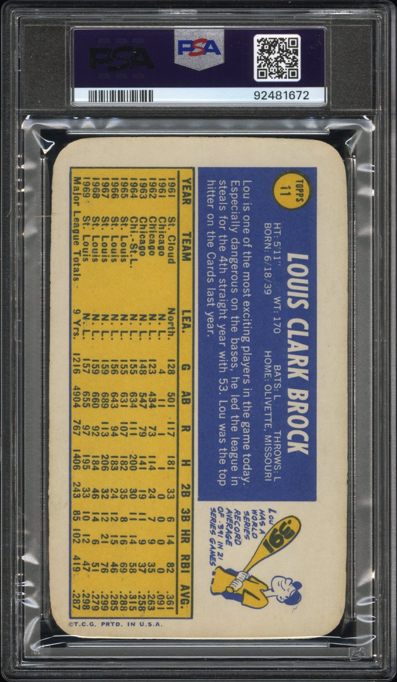 1970 Topps Super Lou Brock #11 PSA 8 Auto 10
