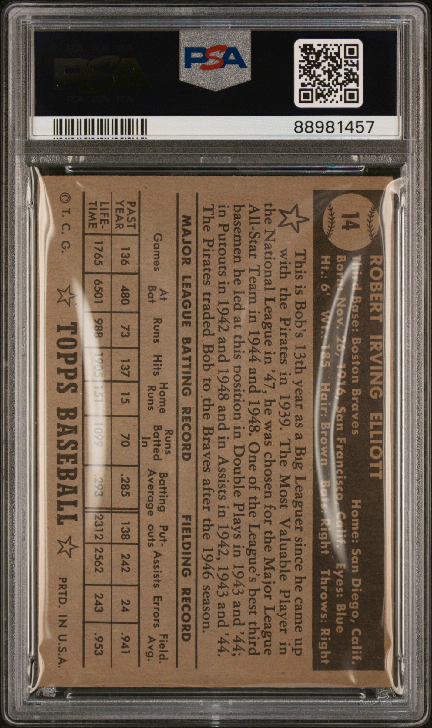 1952 Topps Bob Elliott #14 Black Back PSA 4