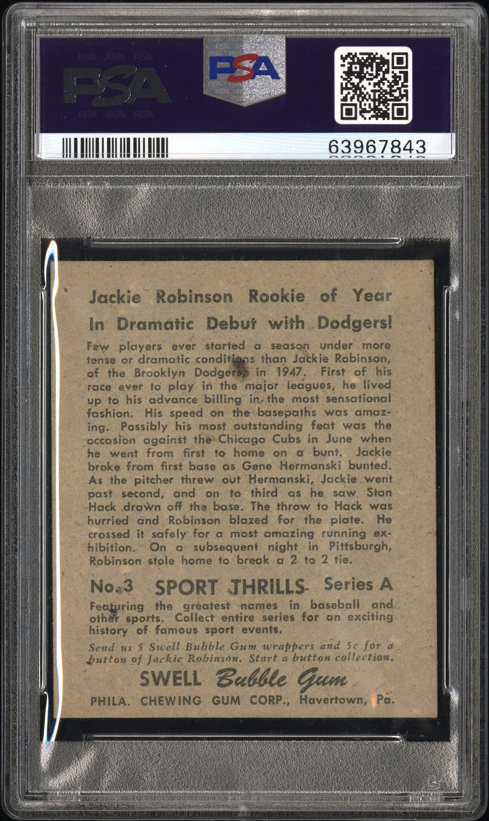 1948 Swell Sports Thrills Dramatic Debut #3 Jackie Robinson PSA 2.5