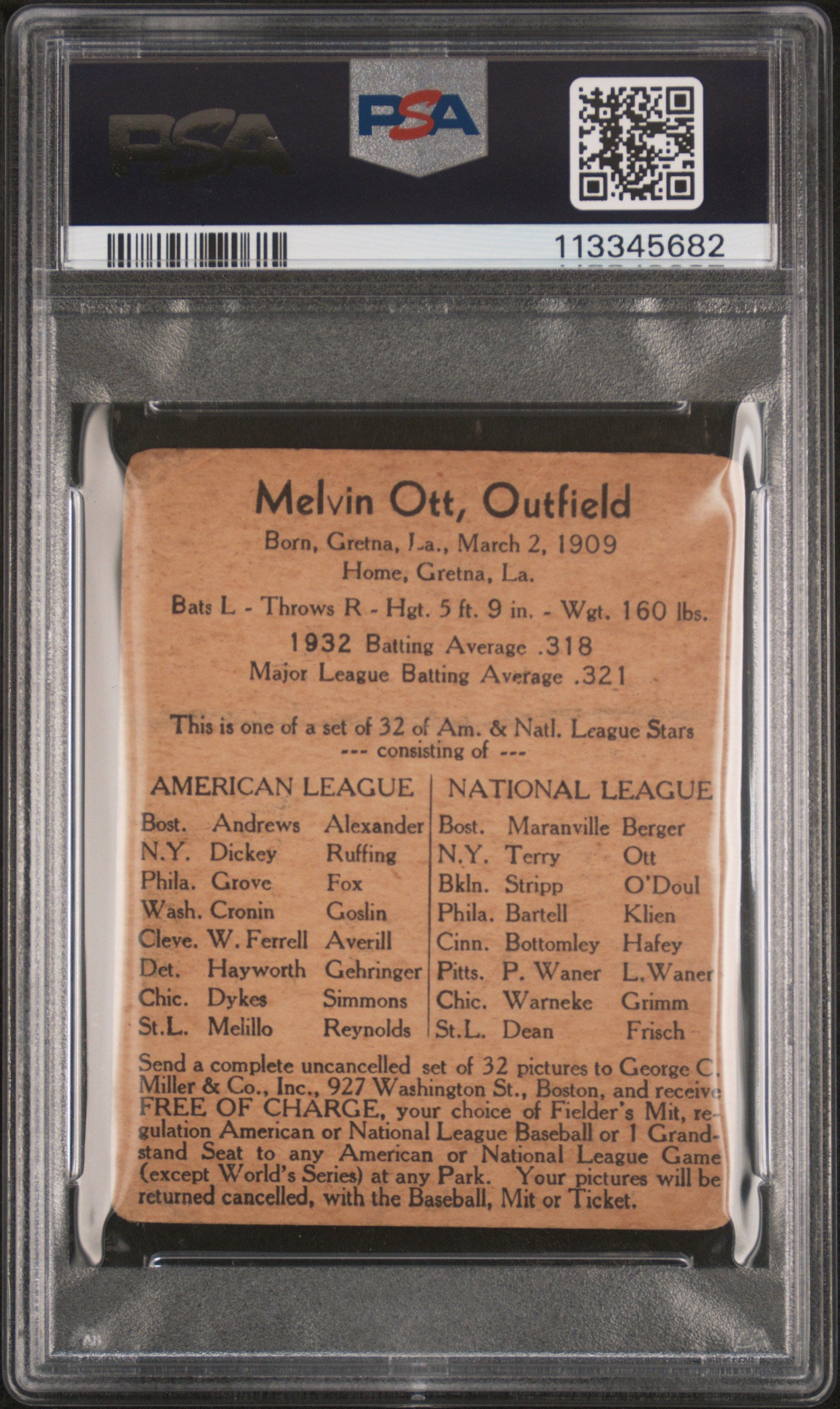 1933 George C. Miller Melvin Ott PSA 1