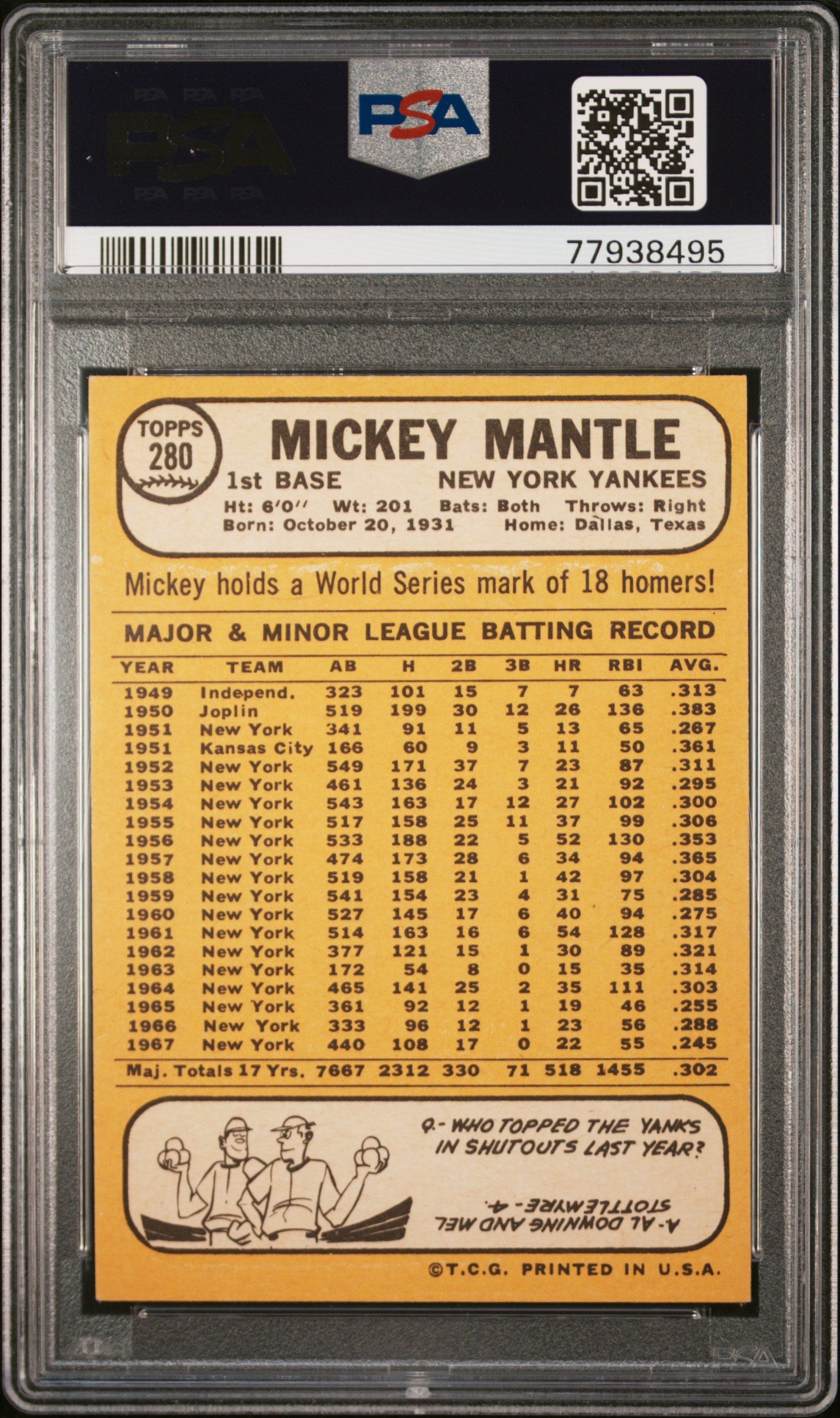 1968 Topps Mickey Mantle #280 PSA 7.5