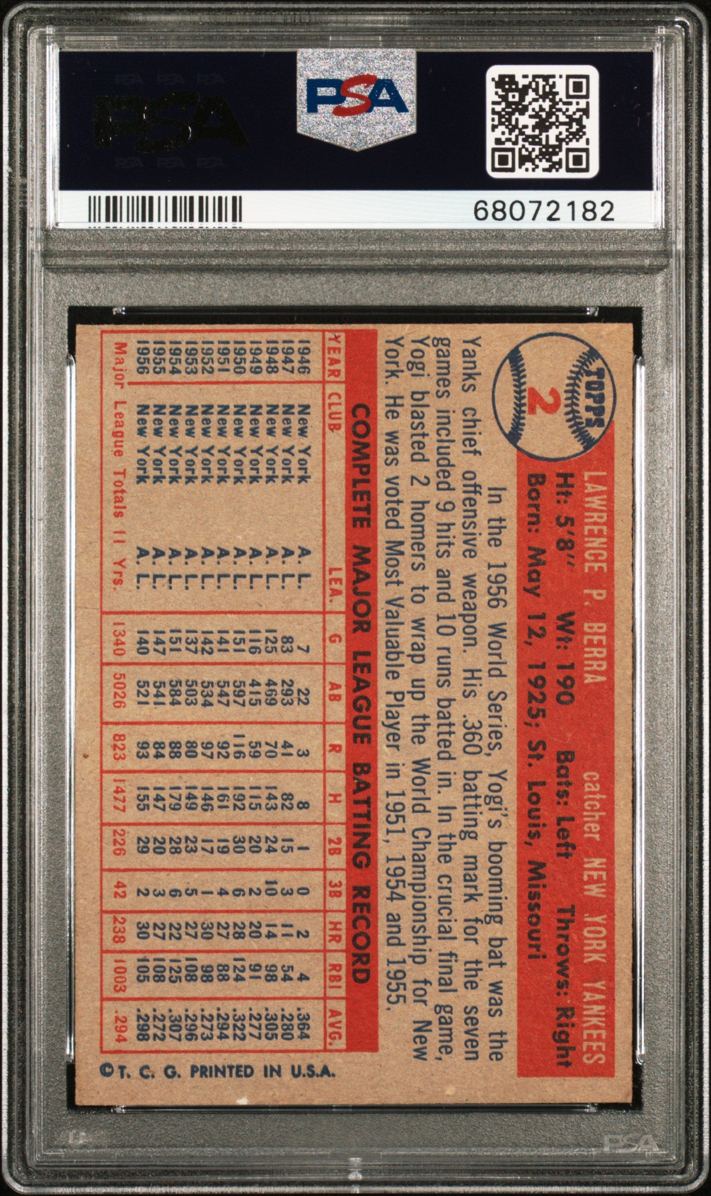 1957 Topps Yogi Berra #2 PSA 8