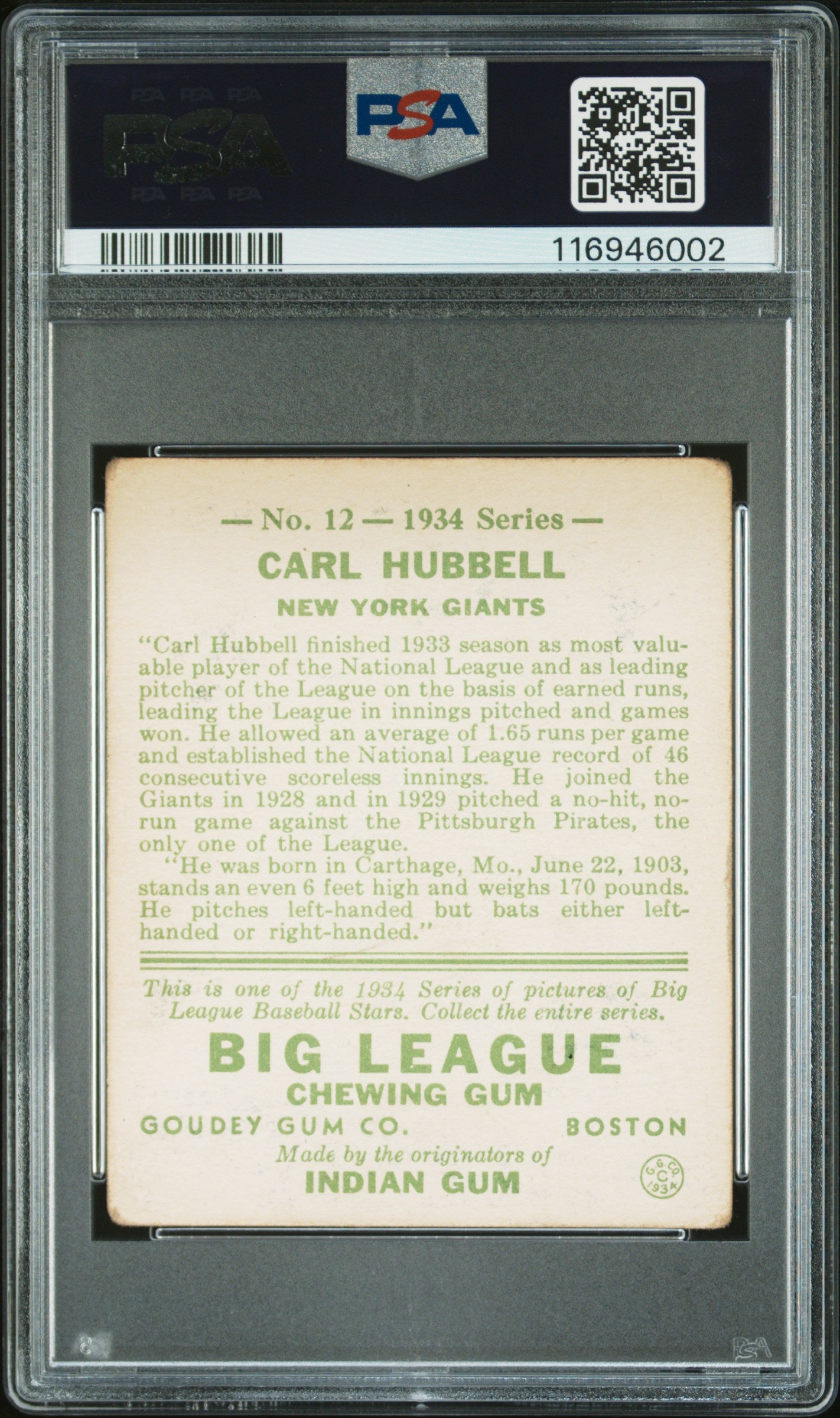 1934 Goudey Carl Hubbell #12 PSA 2