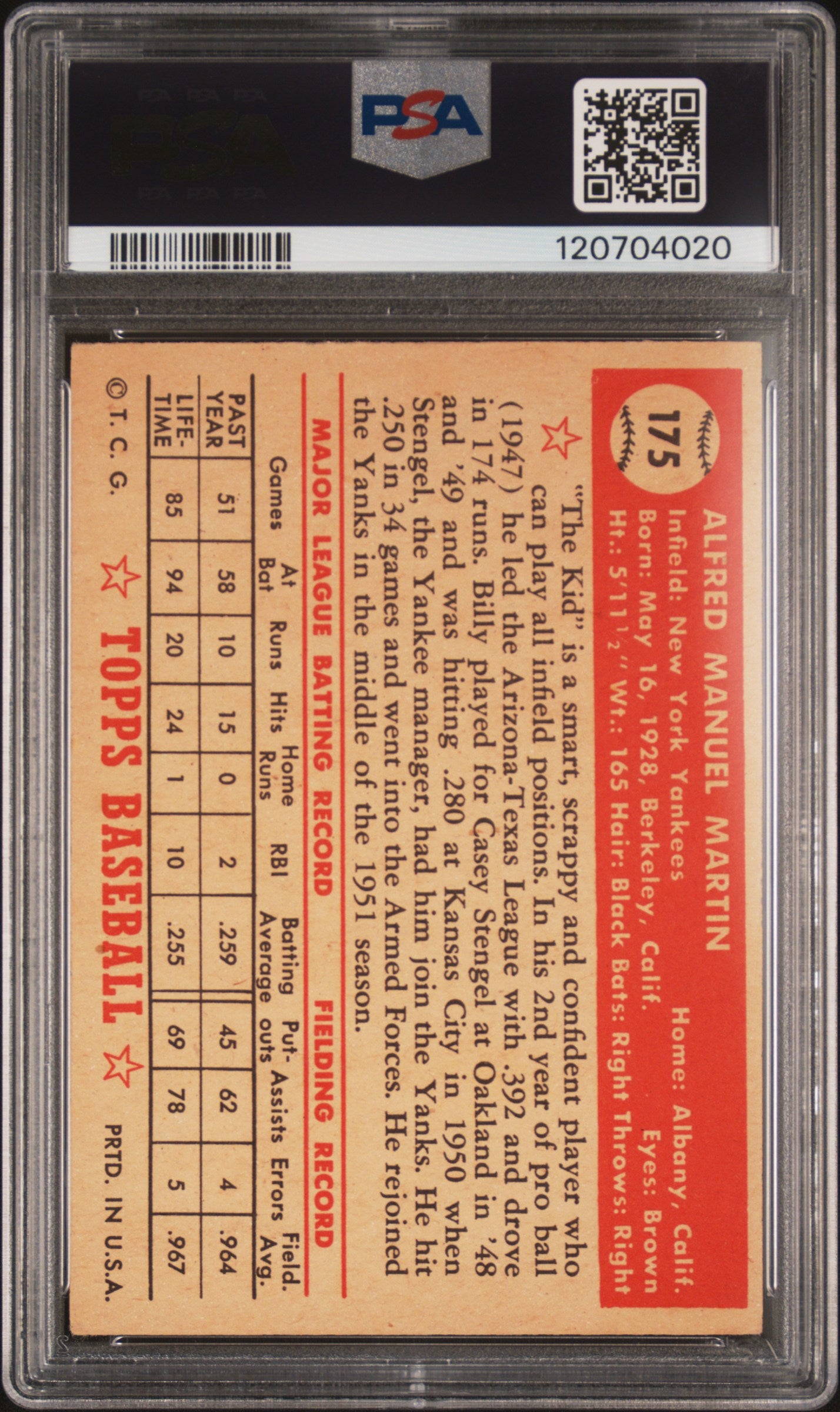 1952 Topps Billy Martin #175 PSA 4
