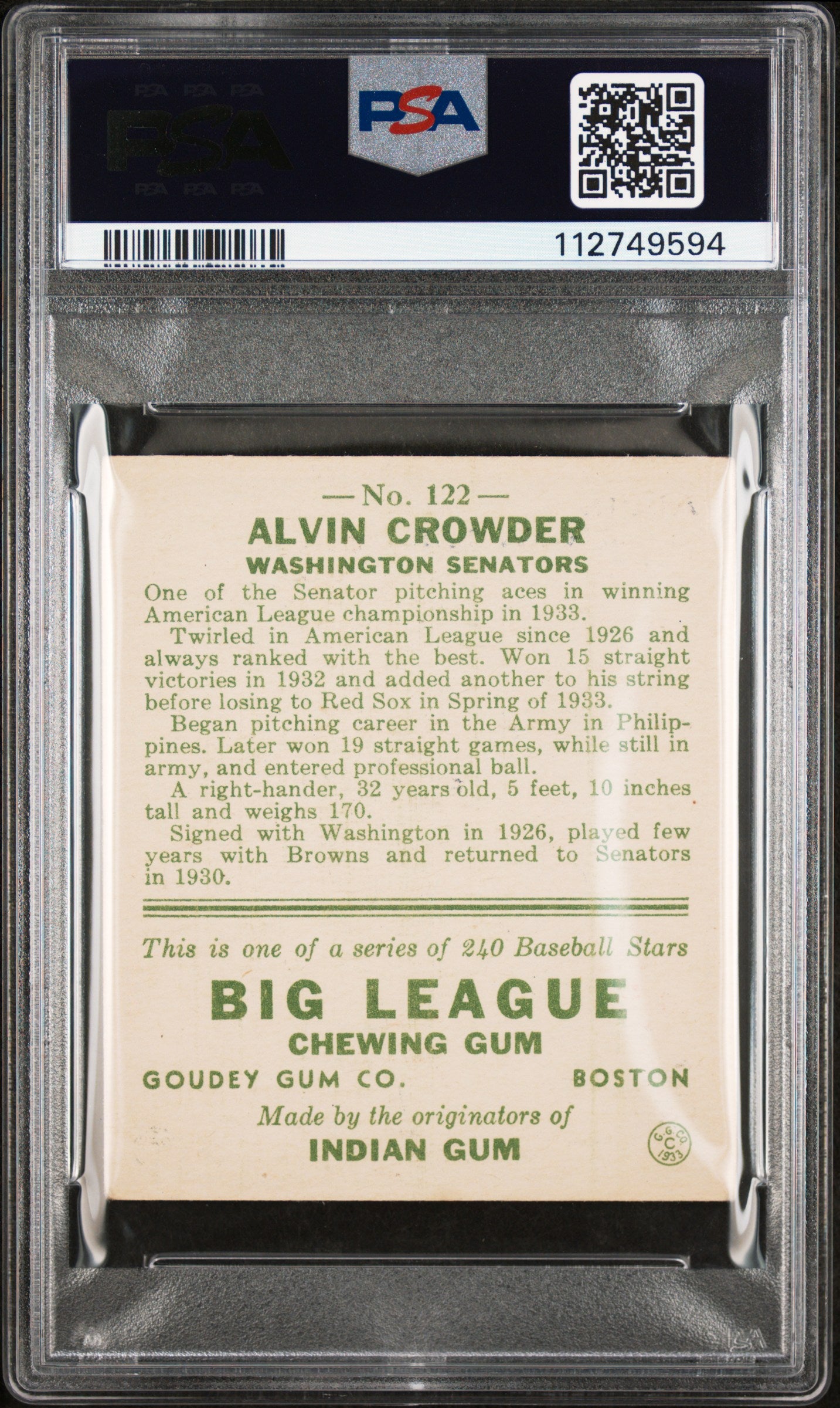 1933 Goudey Alvin Crowder #122 PSA 2.5