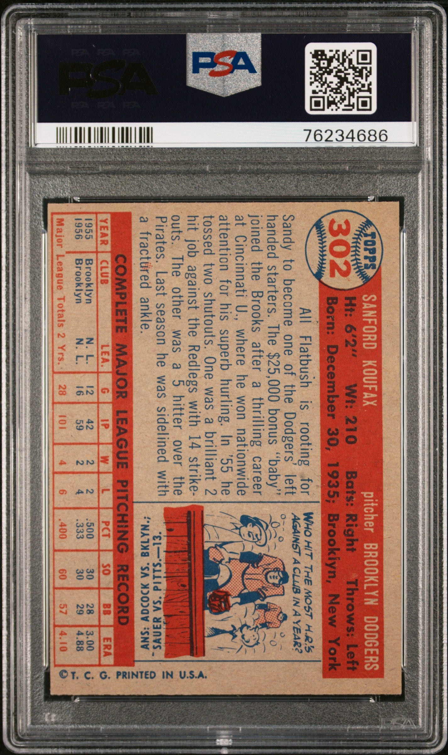1957 Topps Sandy Koufax #302 PSA 7