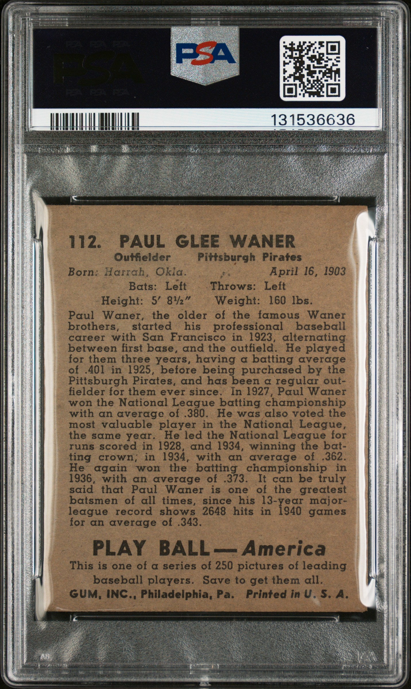 1939 Play Ball Paul Waner #112 PSA 3
