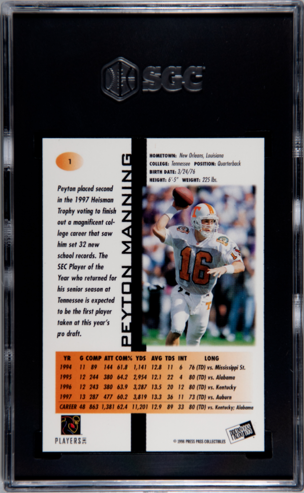 1998 Press Pass Peyton Manning #1 Paydirt Red SGC 9.5