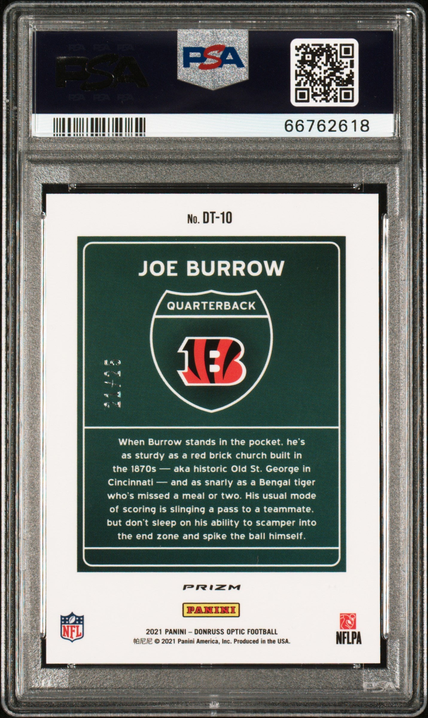 2021 Panini Donruss Optic Downtown Joe Burrow #DT10 Black Pandora PSA 10