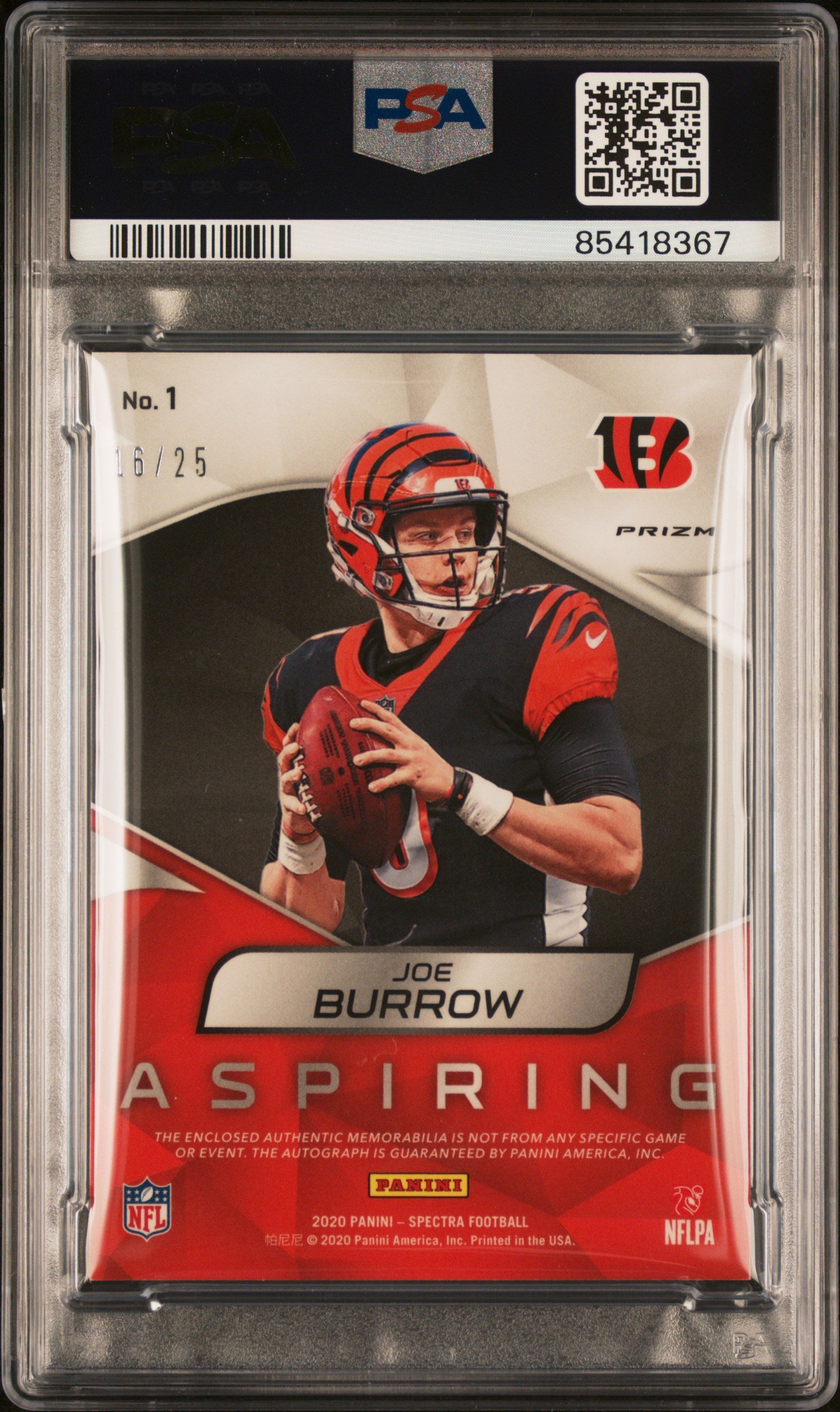 2020 Panini Spectra Aspiring Patch Autographs Joe Burrow #1 Pat. Au Wave PSA 8.5