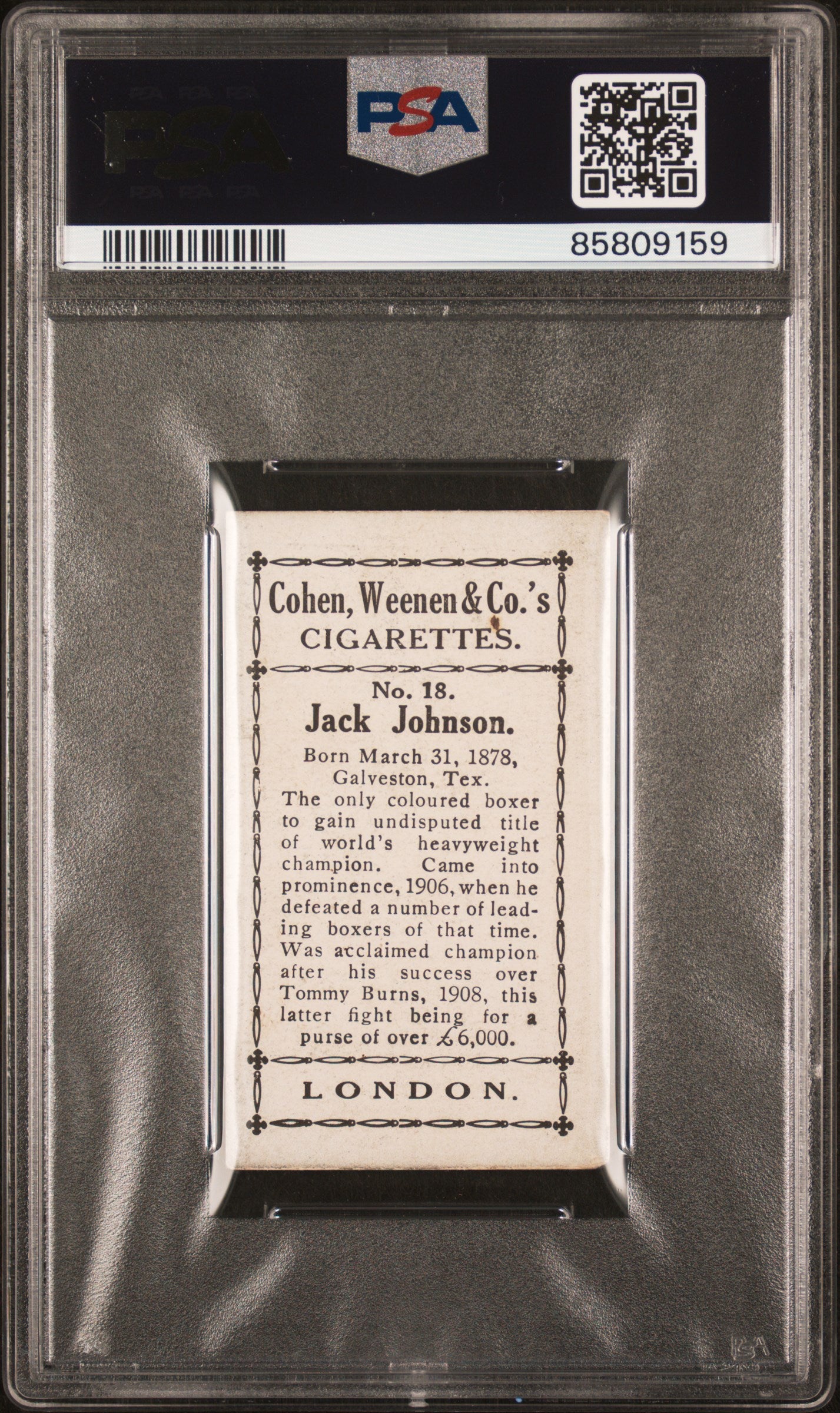 1912 Cohen Weenen & Co Jack Johnson #18 Black Back PSA 3